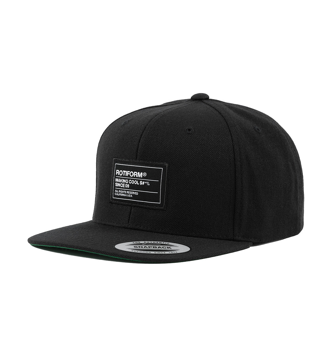 Black Rotiform "Making Cool $#*&" hat with a bold white graphic design, featuring a flat brim and adjustable strap.