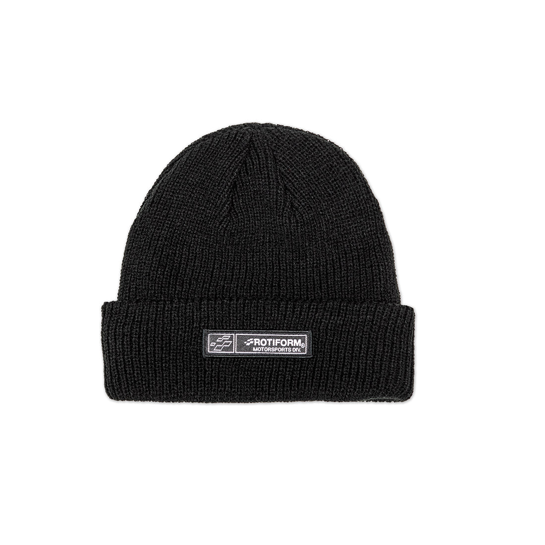 Rotiform Motorsports Div beanie in black, featuring a white logo patch on the front and a classic knit design.