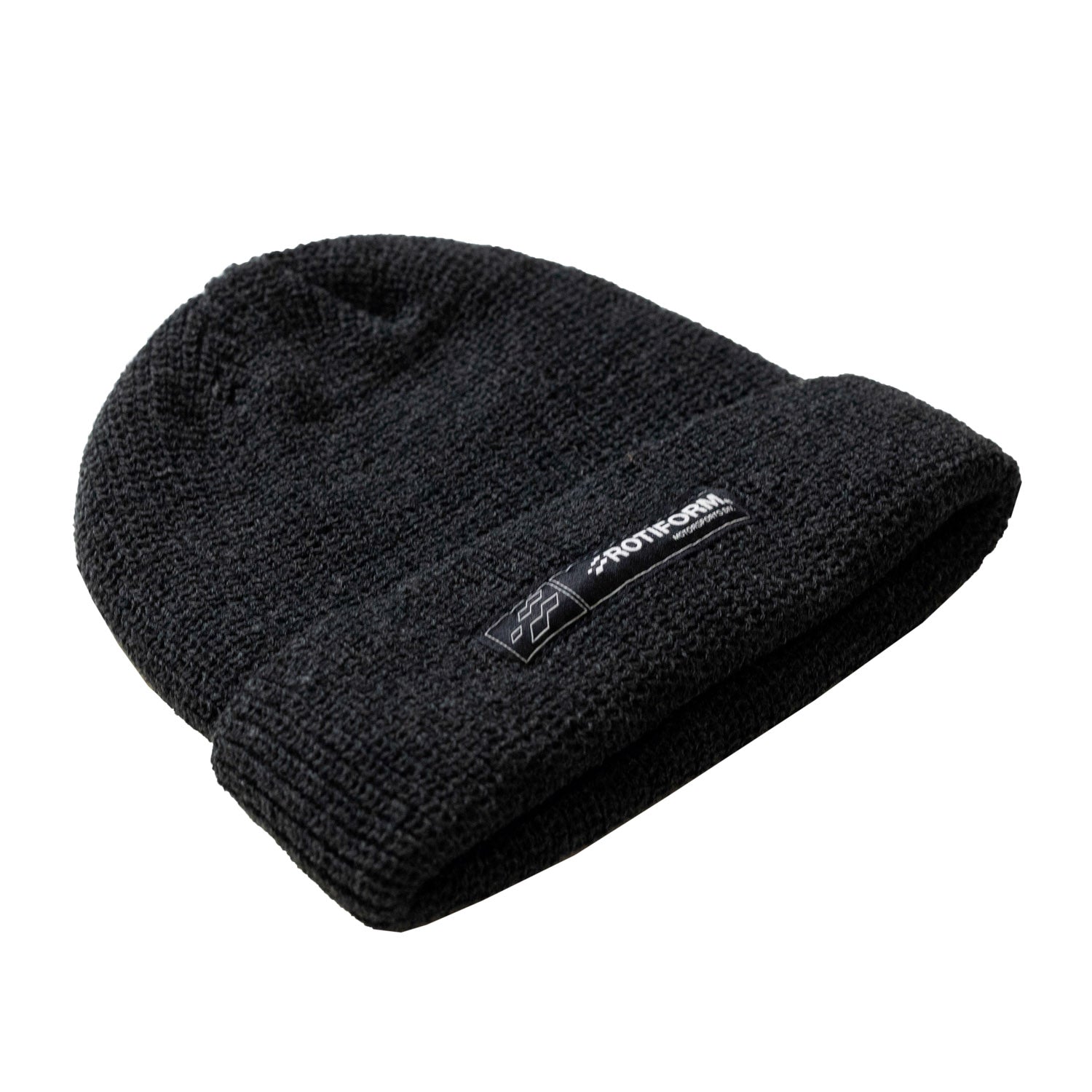 Rotiform MOTORSPORTS DIV Beanie in black with a white logo displayed on a white background.