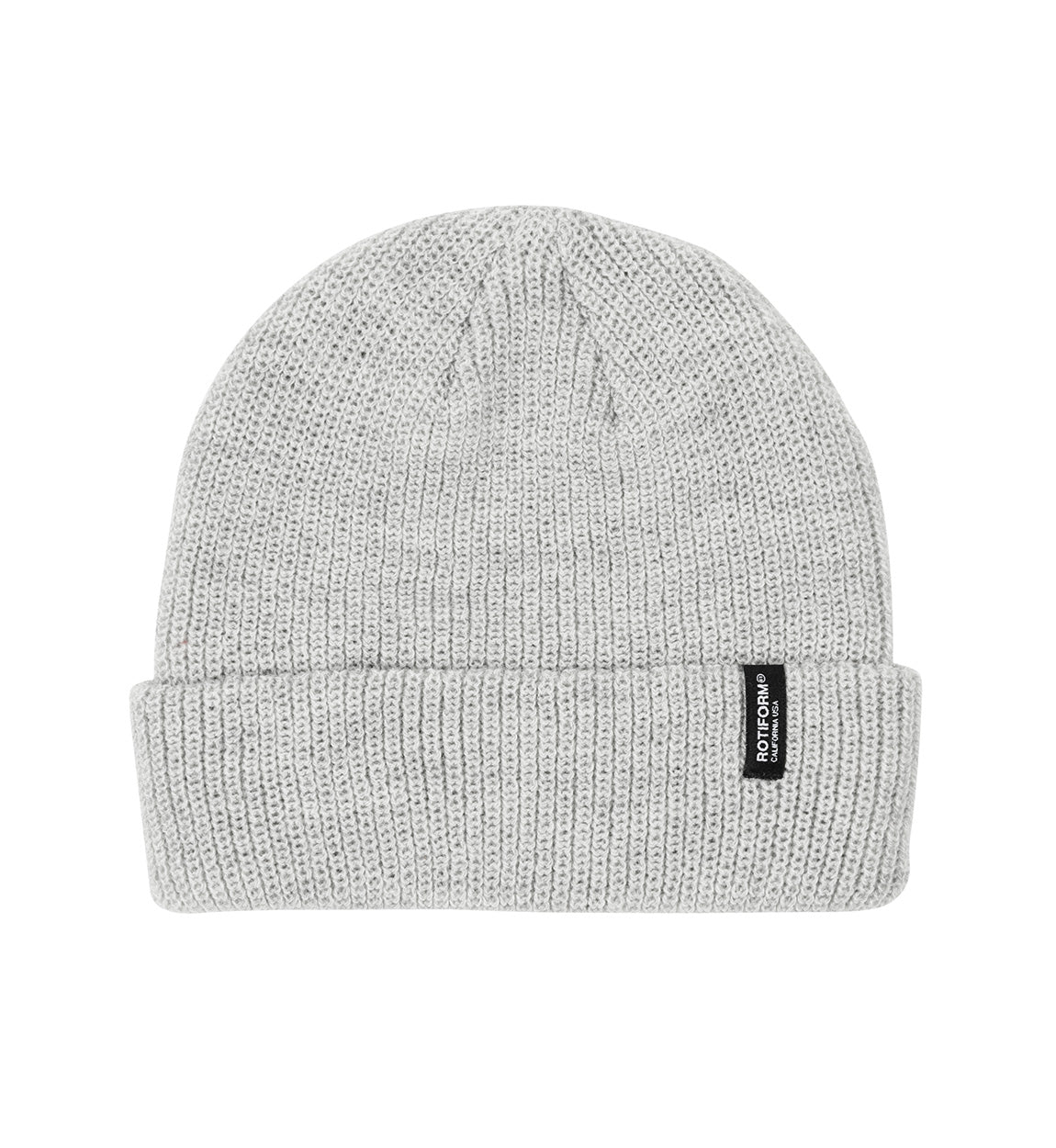 Rotiform Clip Label Beanie in gray with embroidered logo on the front.