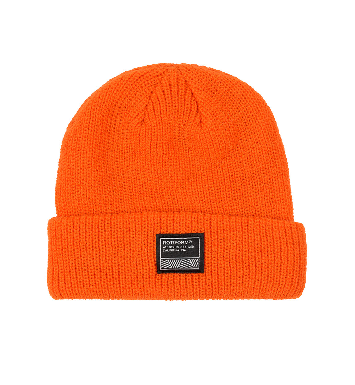 Rotiform SQUARE LABEL beanie in bright orange with embroidered logo detail.