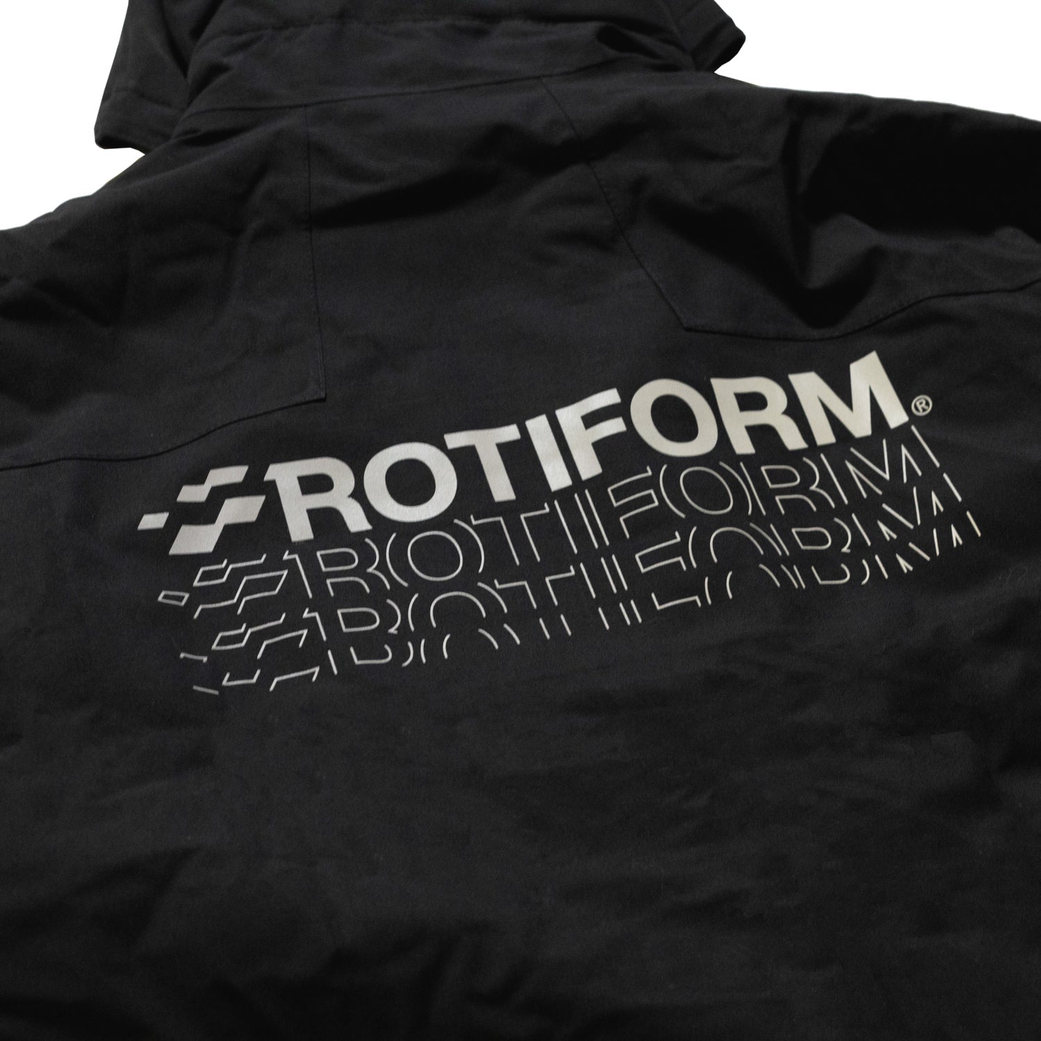 Rotiform MOTOSPORTS DIV Reflective Jacket featuring a sleek black design with vibrant graphic logos and reflective detailing for visibility.