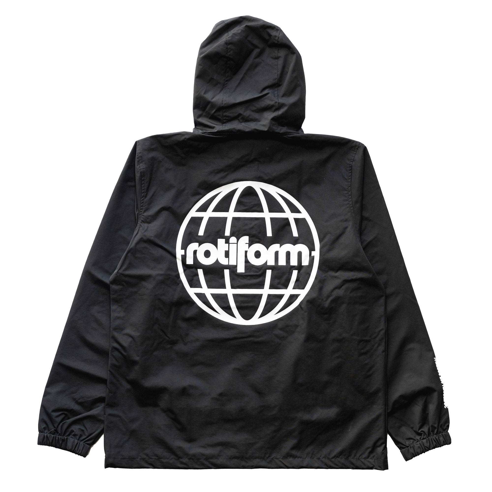 Black Rotiform GLOBAL IMPACT half-zip anorak jacket with a large white globe logo and "rotiform" text on the back, hooded and lightweight.