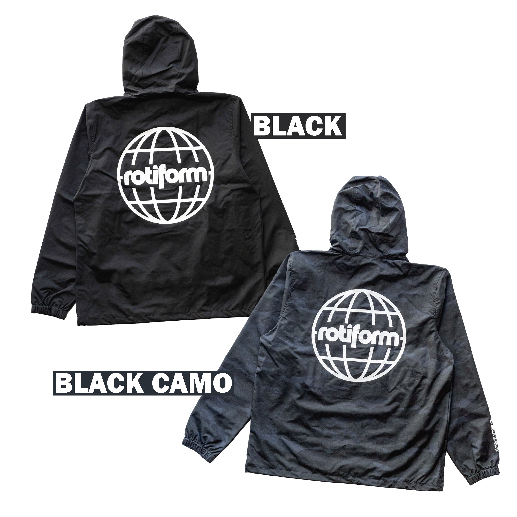 Black Rotiform GLOBAL IMPACT half-zip anorak jacket with a large white globe logo on the back, available in camo and solid black.