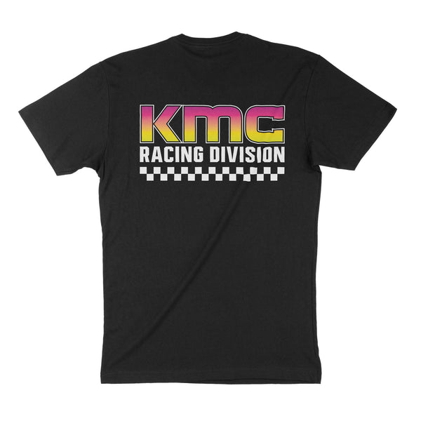 Black short sleeve t-shirt featuring a colorful KMC Racing Division graphic and checkered pattern on the back.
