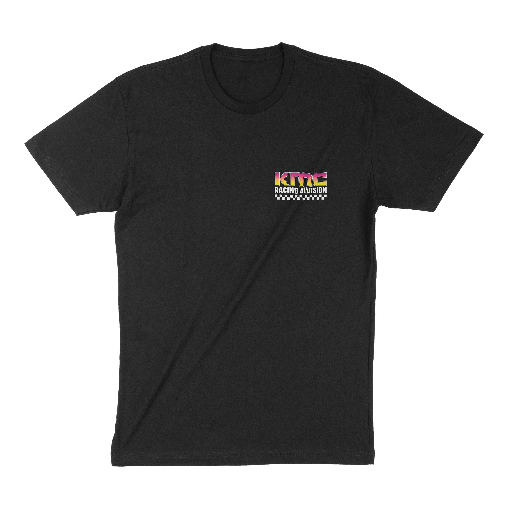 Black short sleeve t-shirt featuring KMC Racing Division logo in vibrant colors on the chest, ideal for motorsport enthusiasts.