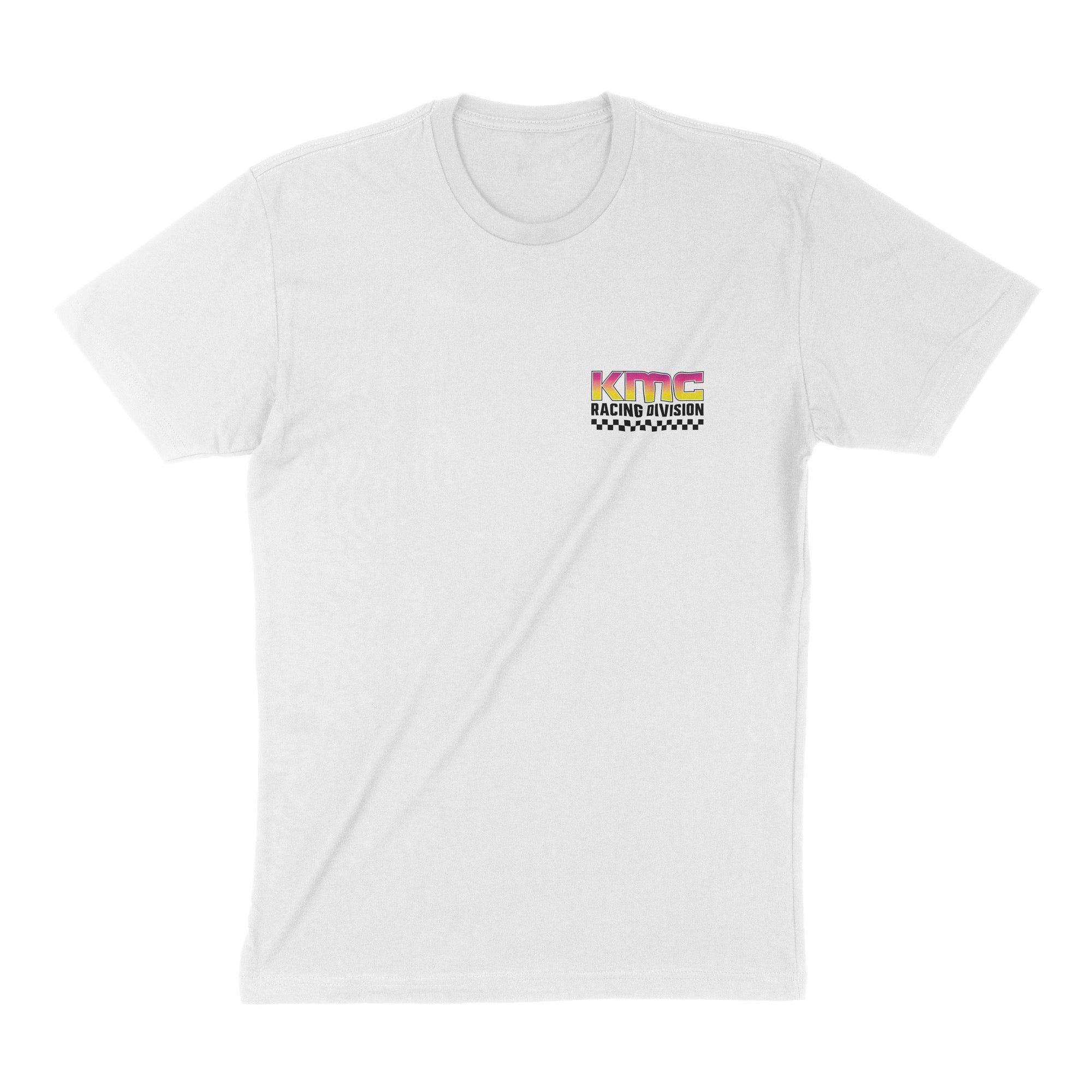 KMC Race Division V2 short sleeve t-shirt in white featuring colorful logo and checkered design for motorsport enthusiasts.
