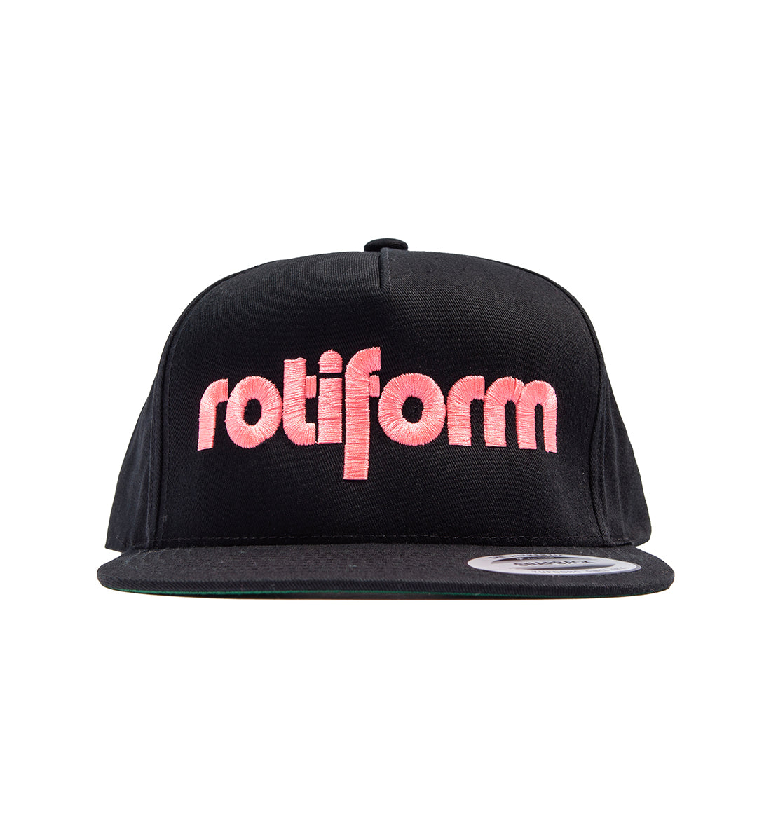 Rotiform STAPLE snapback hat in black featuring a prominent white Rotiform logo on the front panel.