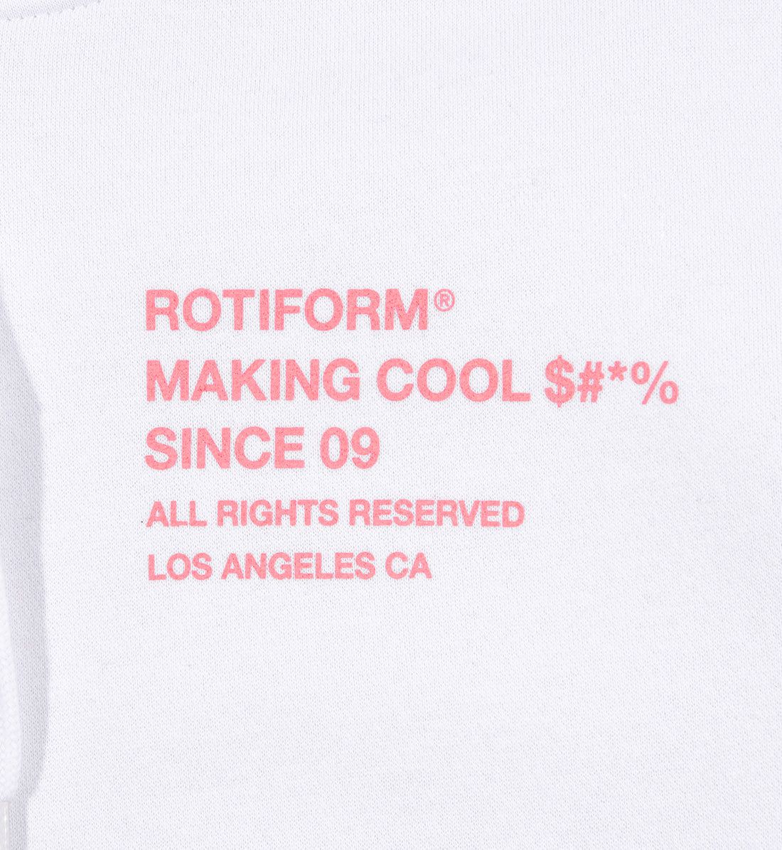 Rotiform "Making Cool $#*&" hoodie in white, featuring a bold graphic design on the front.