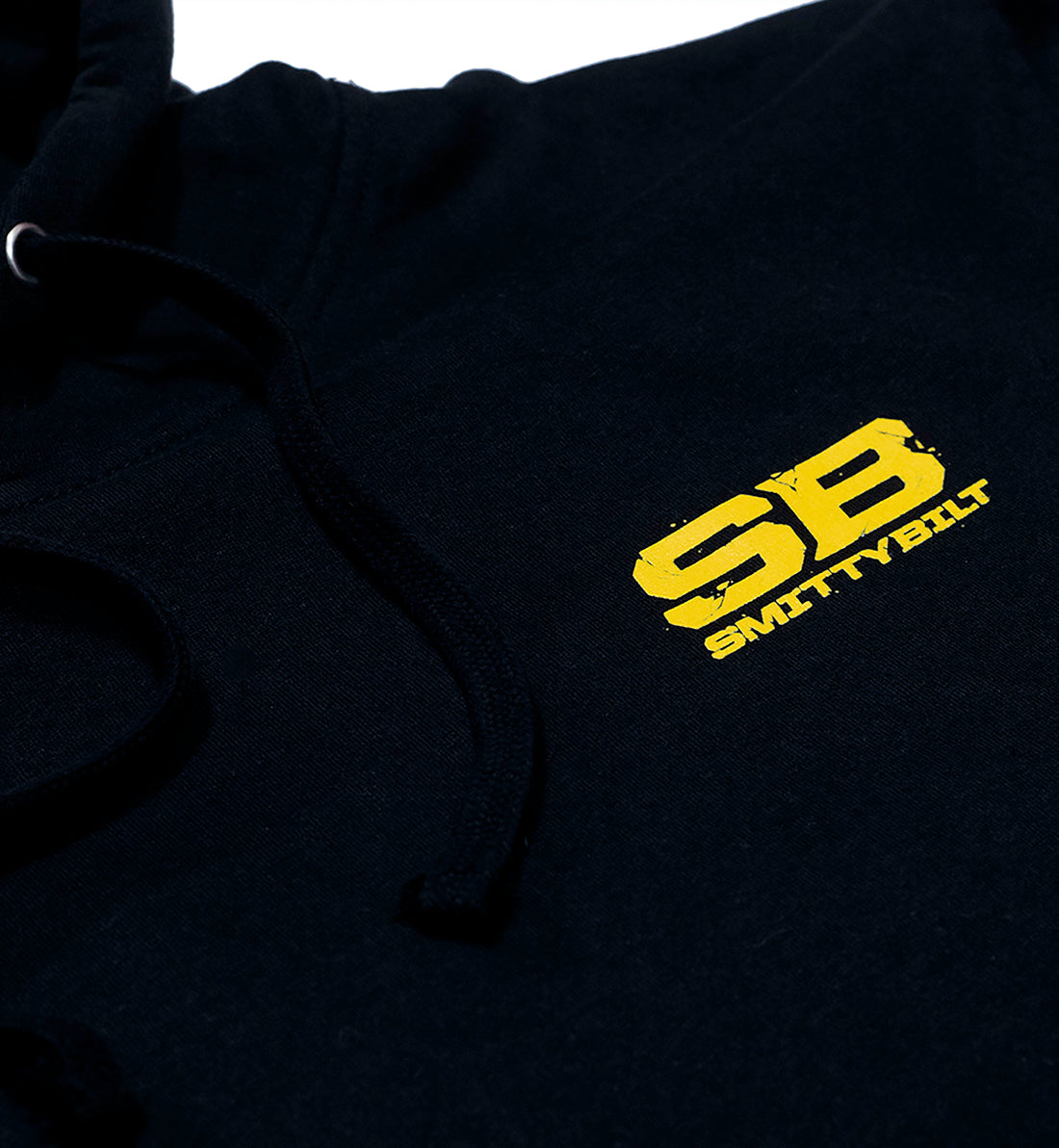SmittyBilt TRAIL RATED Pullover Hoodie in black with logo, featuring a front pocket and drawstring hood.