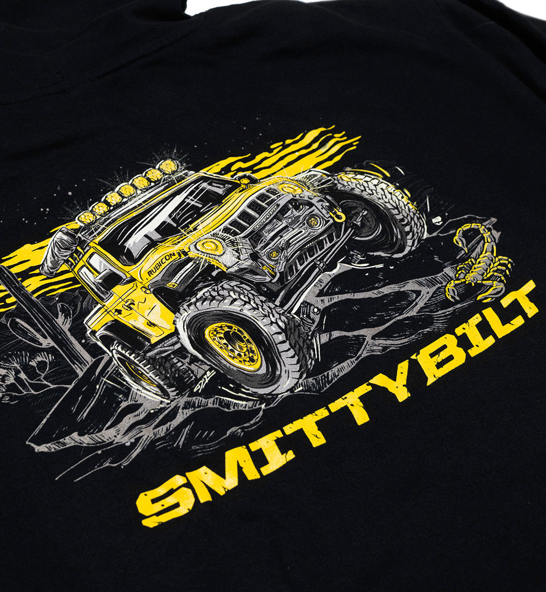 SmittyBilt TRAIL RATED pullover hoodie in black, featuring a logo on the front, adjustable drawstring hood, and a comfortable fit.