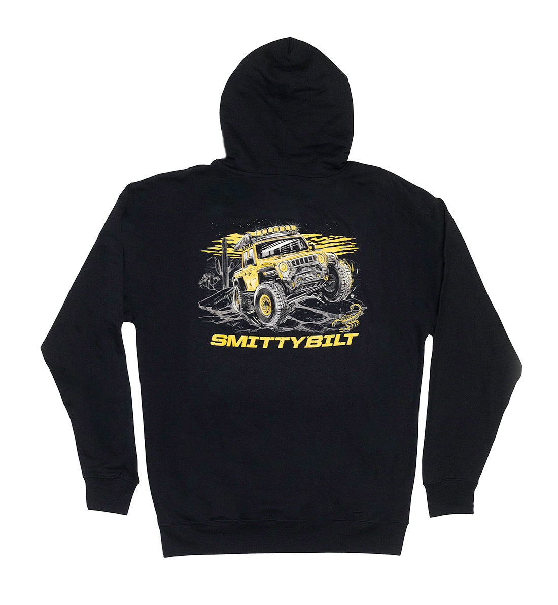 SmittyBilt TRAIL RATED Pullover Hoodie in black featuring a front logo and kangaroo pocket.