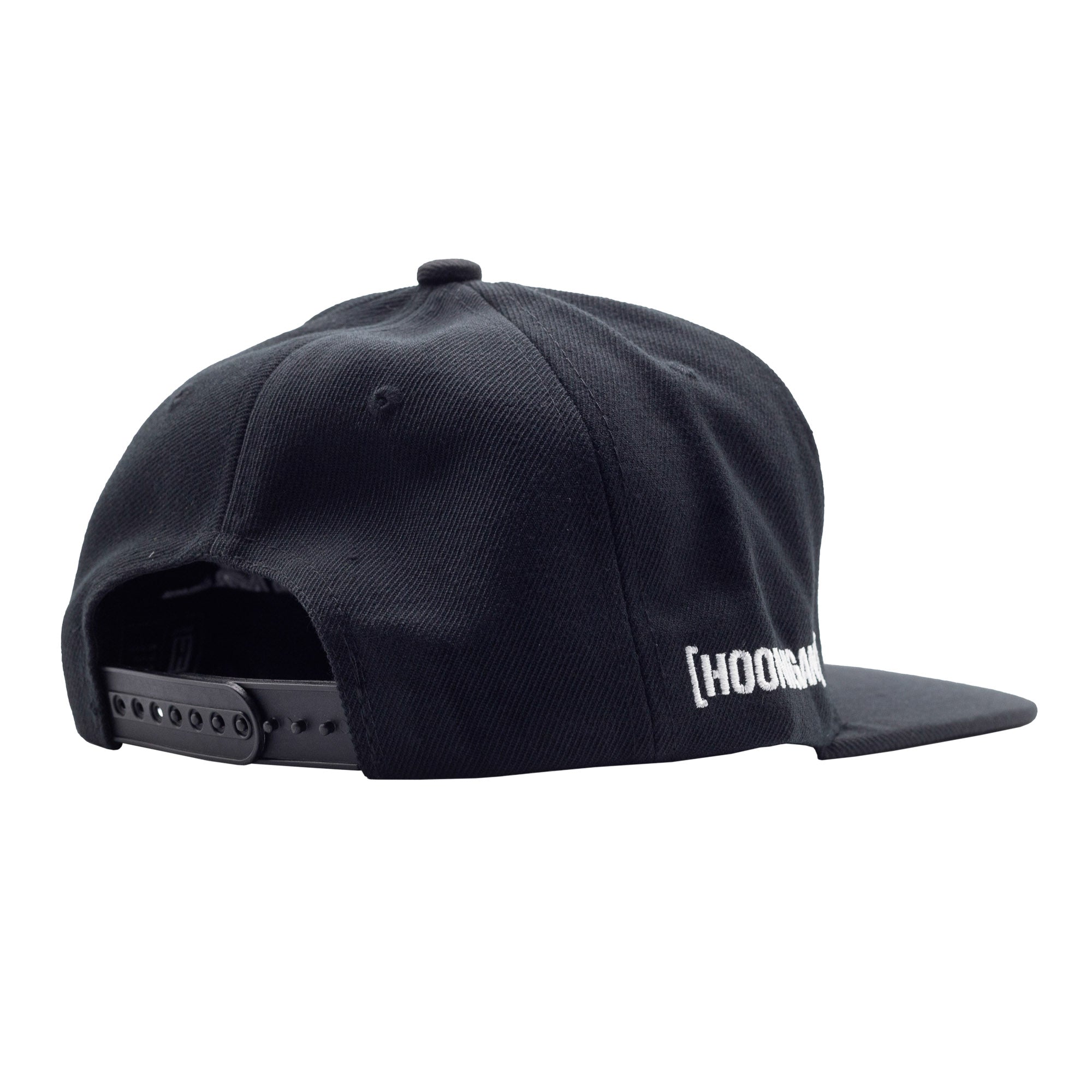 Black Hoonigan KB43VER 43i snapback hat with embroidered white logo on the side and adjustable strap at the back.