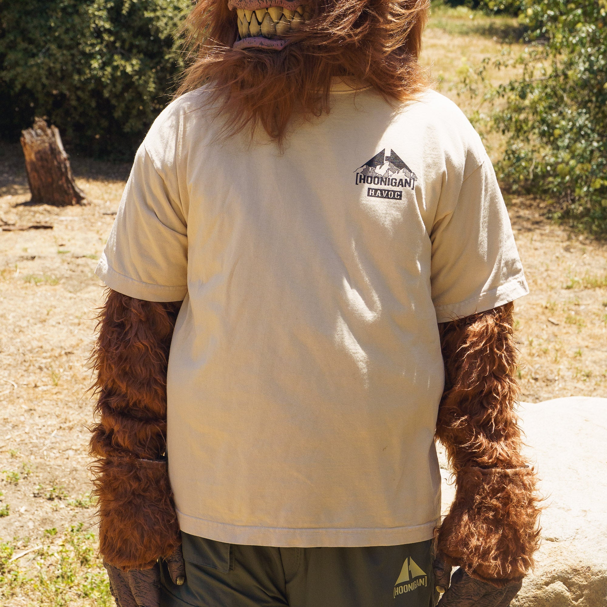 Beige Hoonigan SAFARI short sleeve tee with logo and mountain graphic, worn outdoors with furry arm accessories.