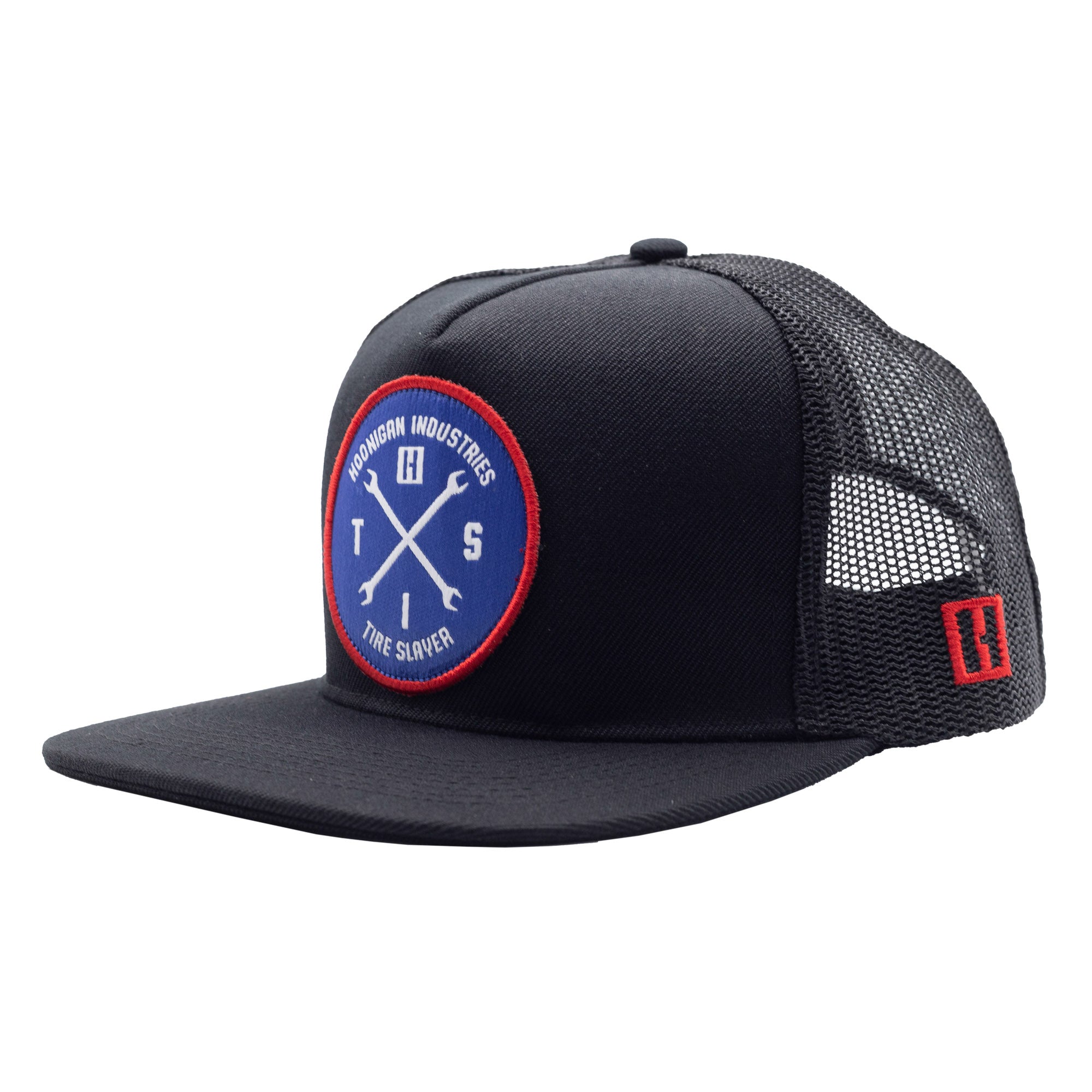 Black trucker hat with a circular patch featuring crossed wrenches, "Hoonigan Industries," and "Tire Slayer" text.