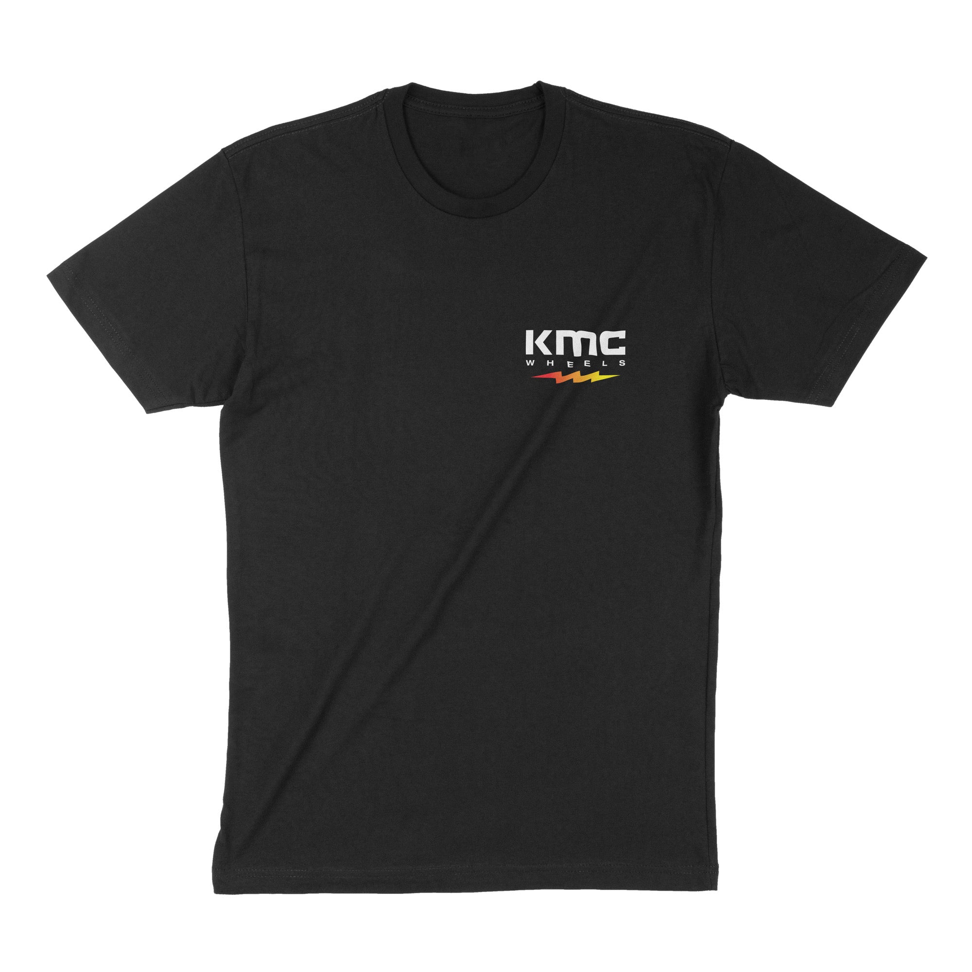 Black short sleeve t-shirt featuring KMC logo with colorful lightning design, perfect for motorsport enthusiasts.