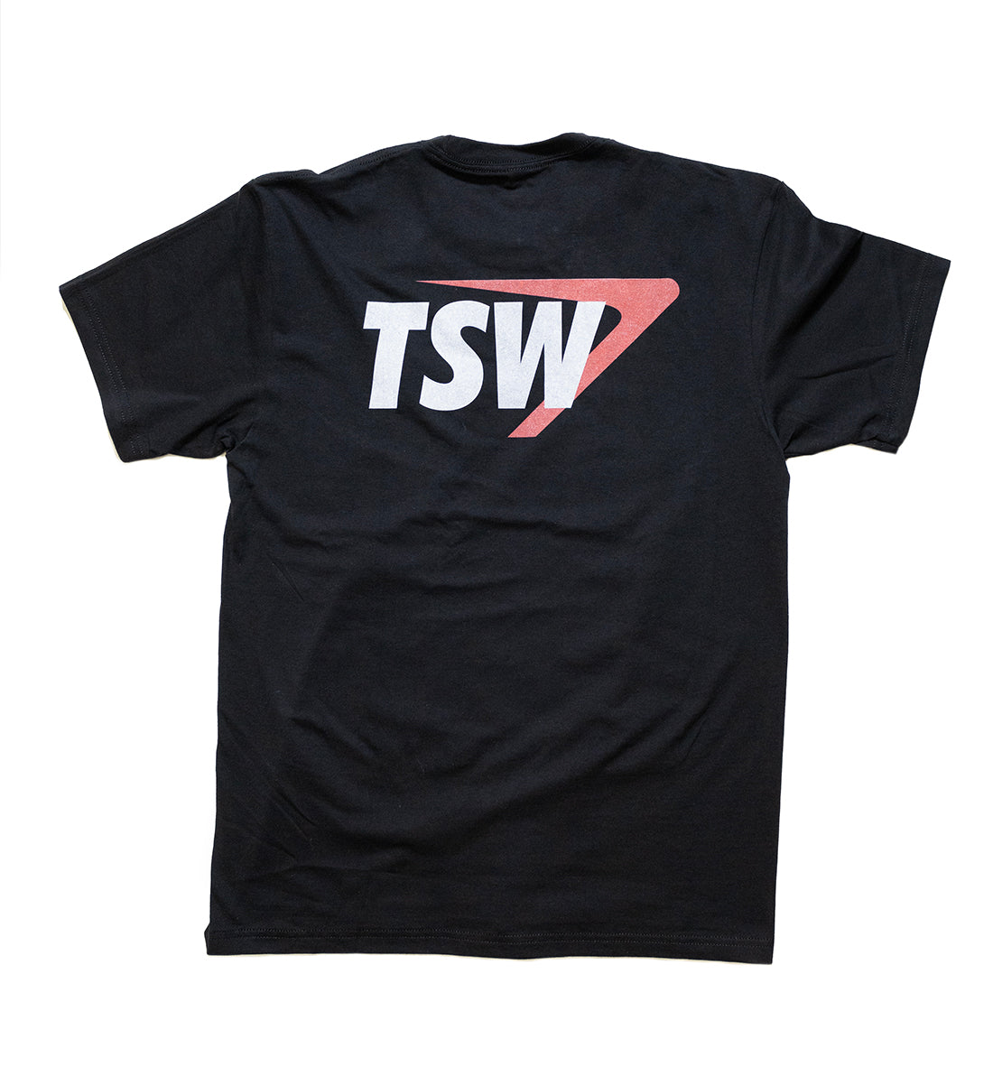 TSW Swoosh Short Sleeve Tee in black, featuring a bold white swoosh logo on the front, displayed against a neutral background.