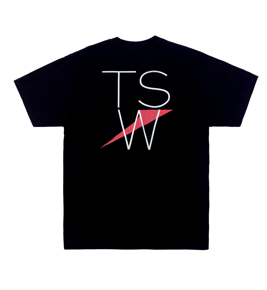 Black TSW THIN LOGO Short Sleeve Tee displayed against a neutral background, featuring a minimalist logo design on the back.