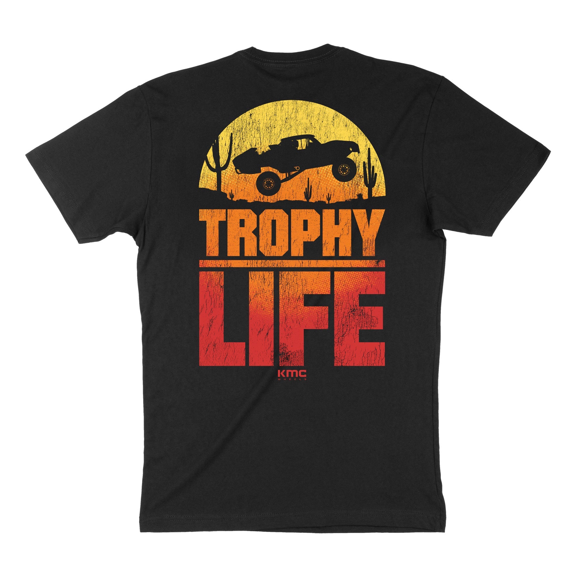 Black short sleeve t-shirt featuring a vibrant graphic of a truck and "TROPHY LIFE" text, perfect for motorsport enthusiasts.