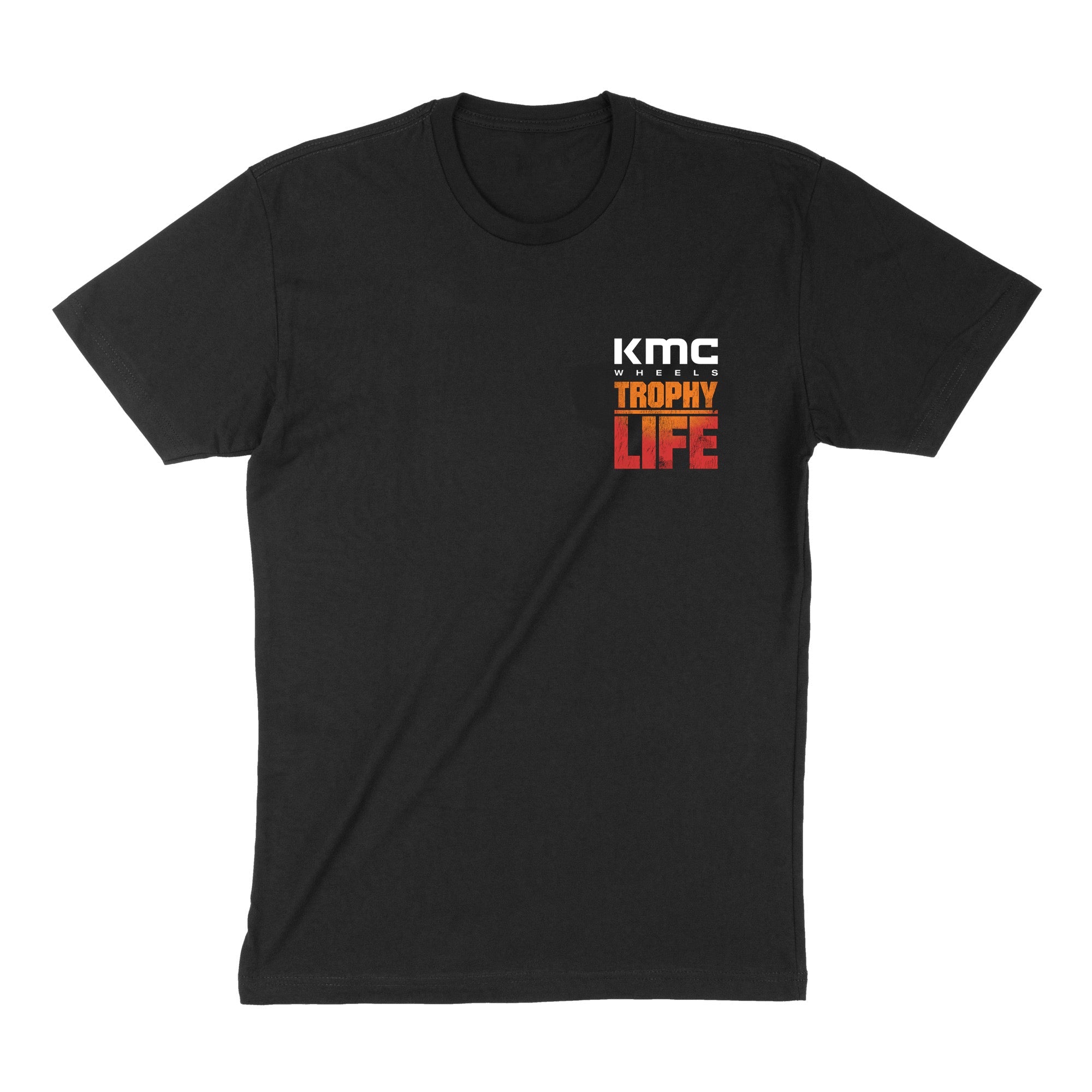 Black short sleeve t-shirt featuring KMC Trophy Life graphic in bold colors, ideal for motorsport enthusiasts.
