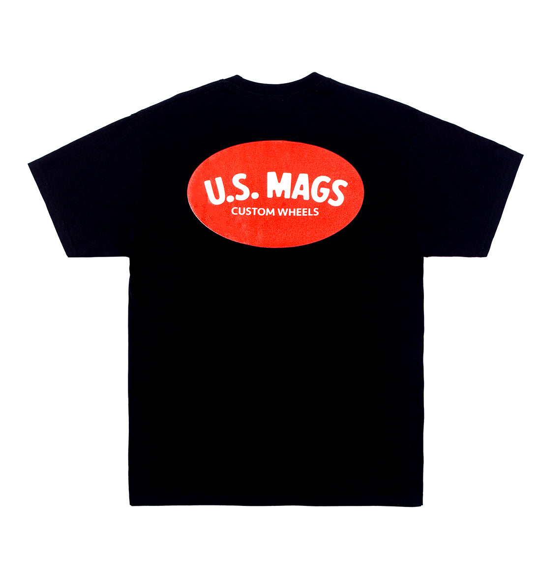 US Mags black short sleeve tee featuring a red logo on the back.