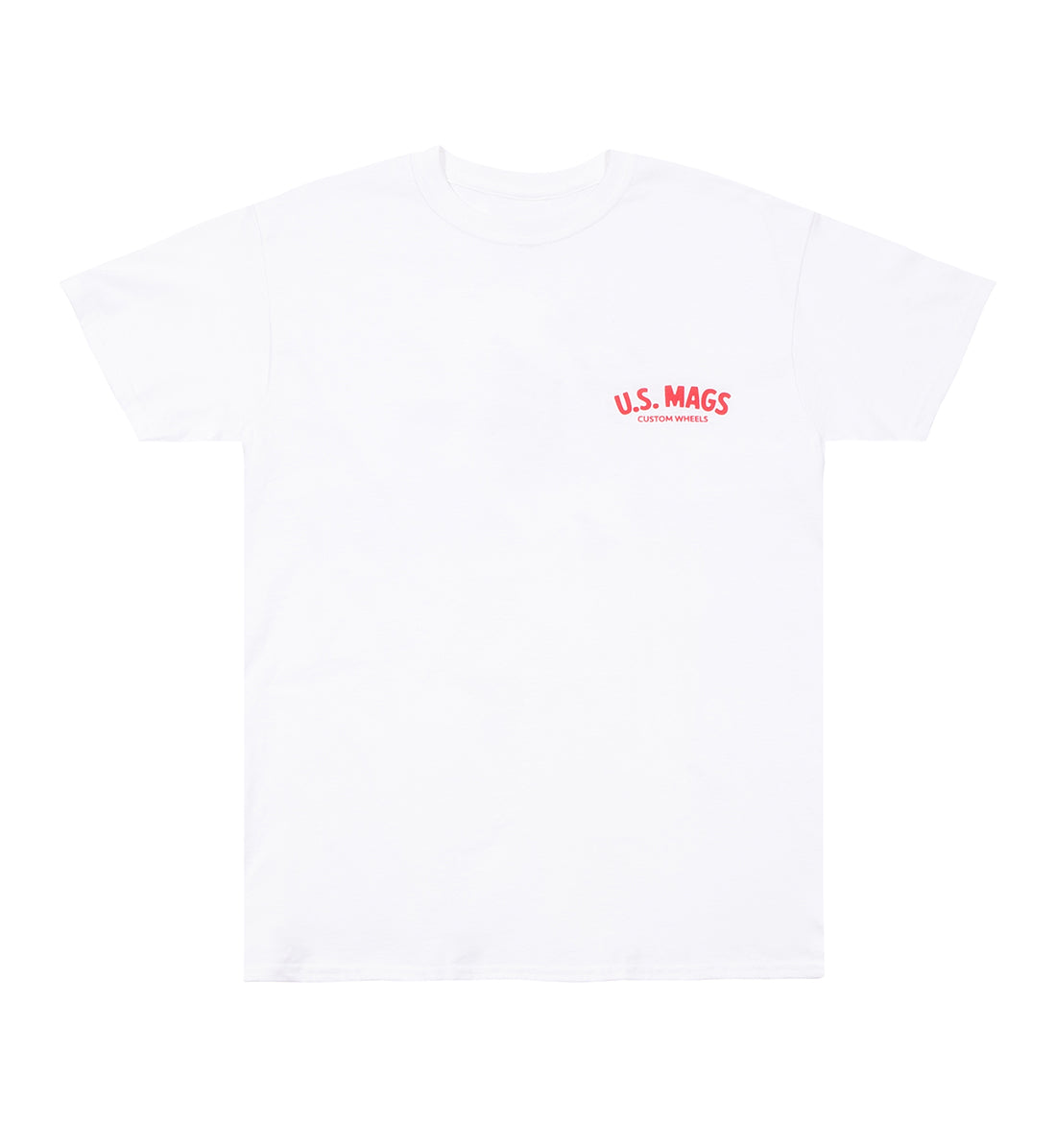 US Mags red logo short sleeve white t-shirt displayed front view.