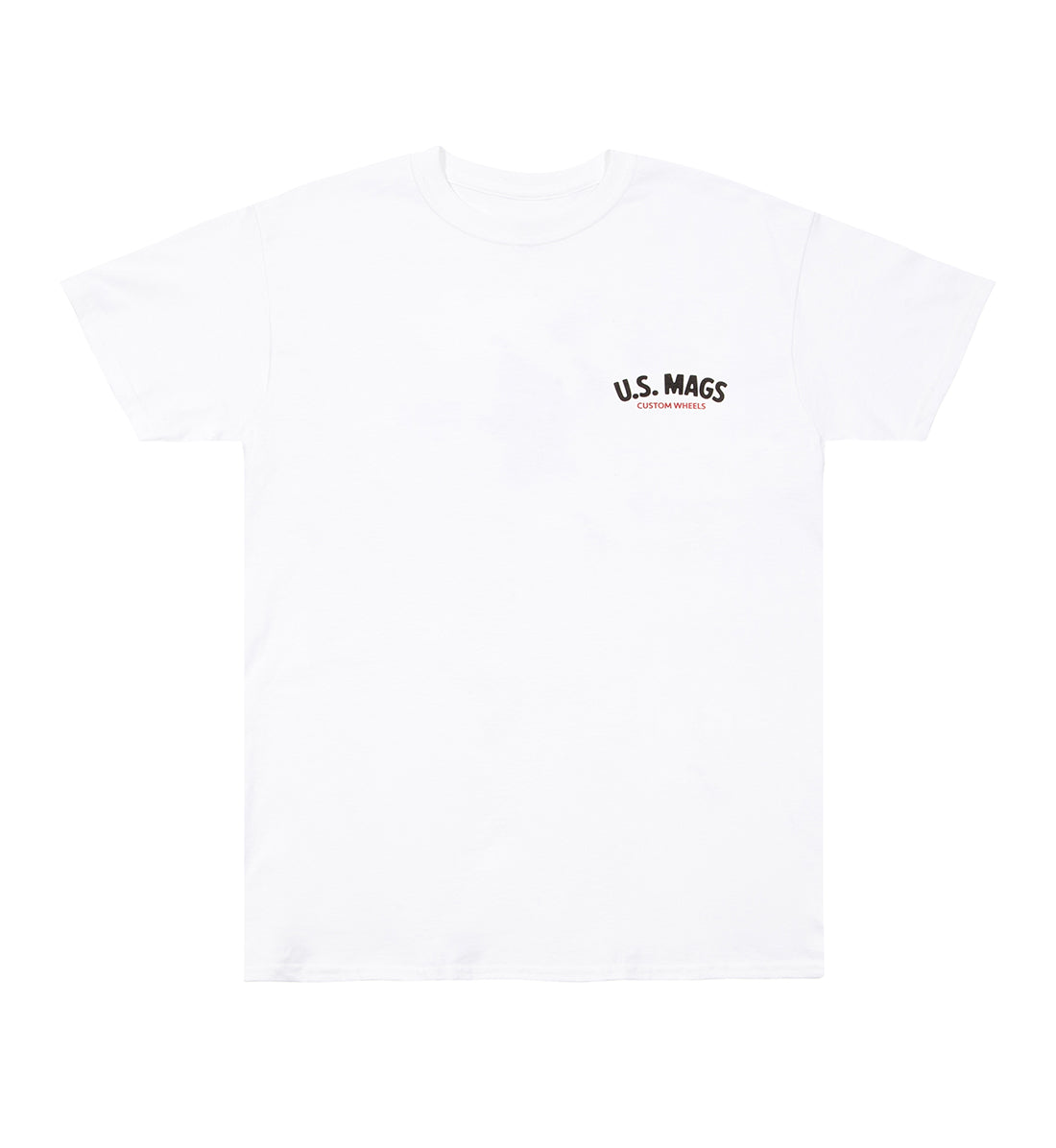 US Mags short sleeve tee in white with black and red logo design on the front.