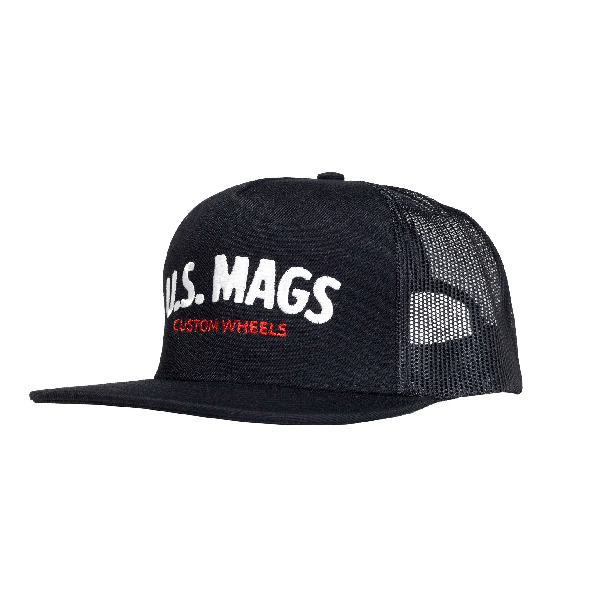US Mags logo trucker hat featuring a classic design with a black mesh back and adjustable snap closure.