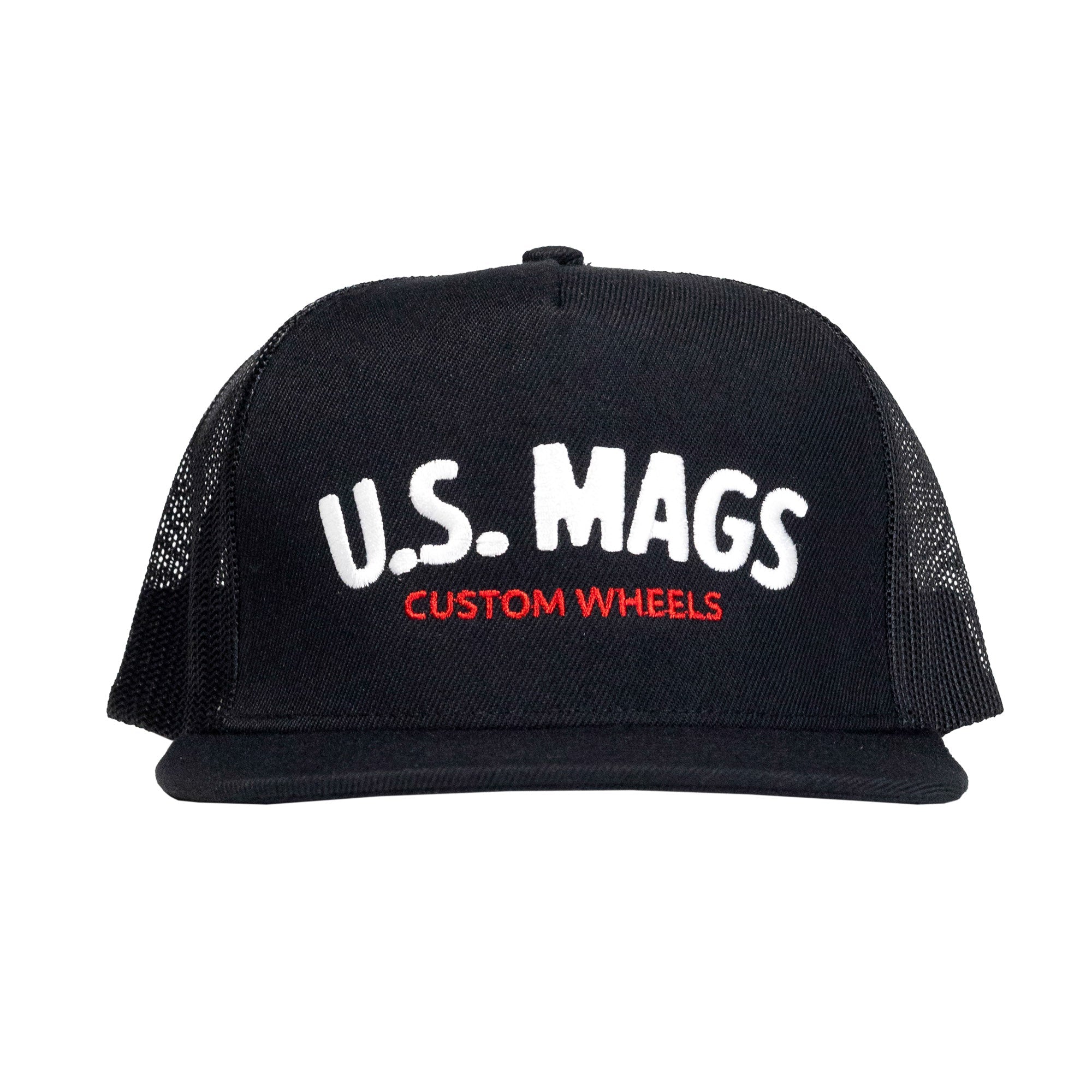 US Mags LOGO Trucker Hat featuring a black front panel with embroidered logo and a mesh back.