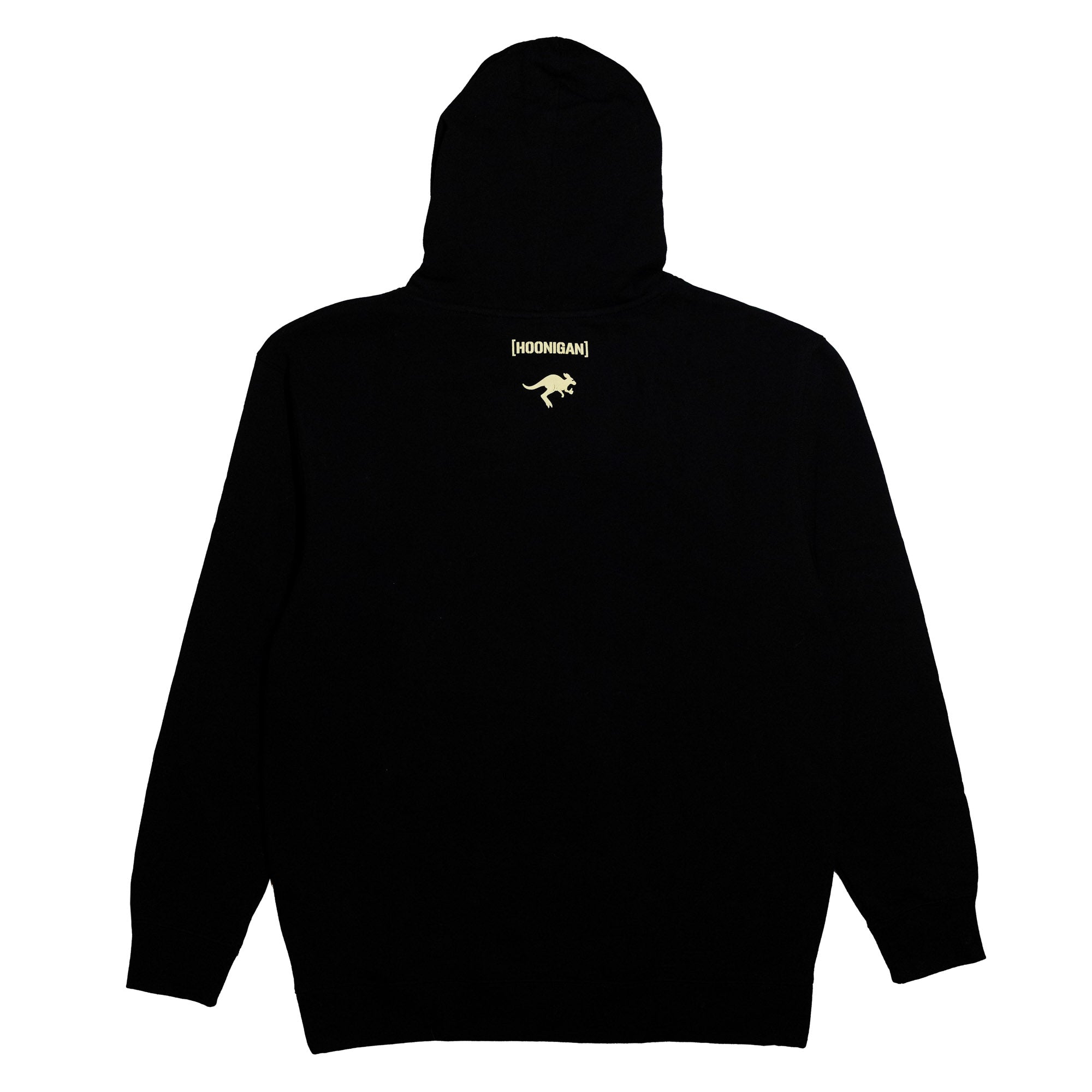 Black pullover hoodie featuring the Hoonigan logo and a graphic of a kangaroo on the back, perfect for motorsport enthusiasts.