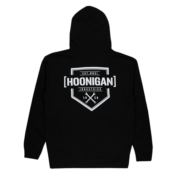Black zip hoodie featuring the Hoonigan logo and established date on the back, perfect for motorsport enthusiasts.
