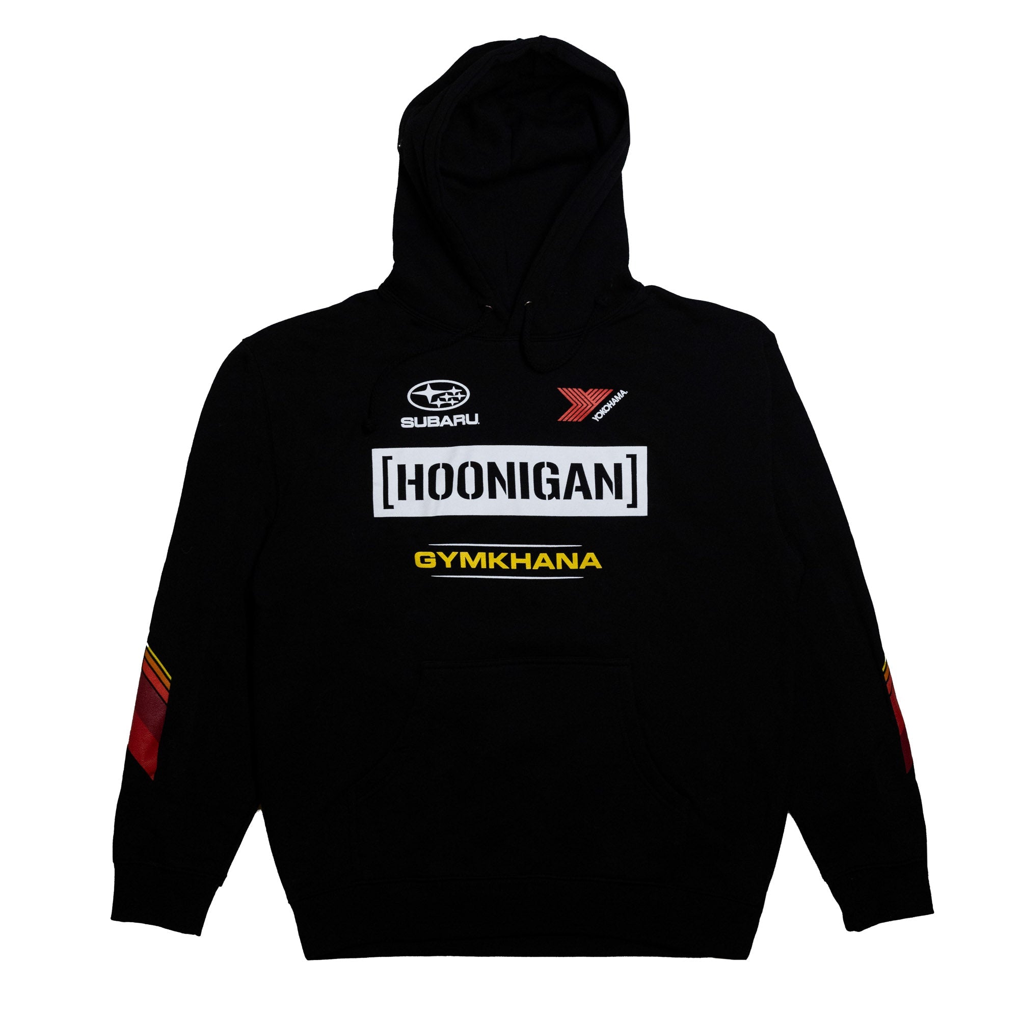 Black pullover hoodie featuring Hoonigan and Gymkhana graphics, with Subaru logo and colorful sleeve accents.
