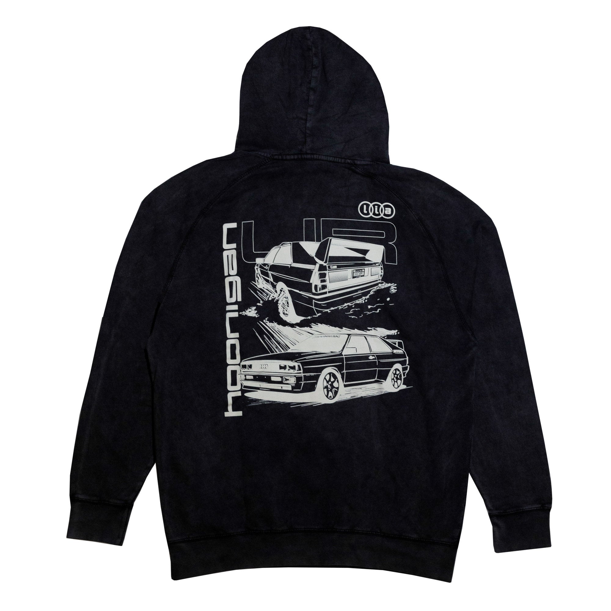 Hoonigan x Lia Block UR Vintage Pullover Hoodie featuring a graphic of classic cars in action on a black background.