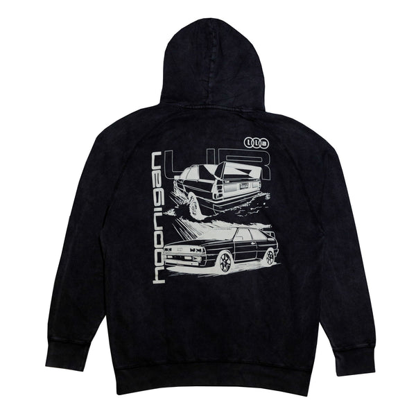 Hoonigan x Lia Block UR Vintage Pullover Hoodie featuring a graphic of classic cars in action on a black background.