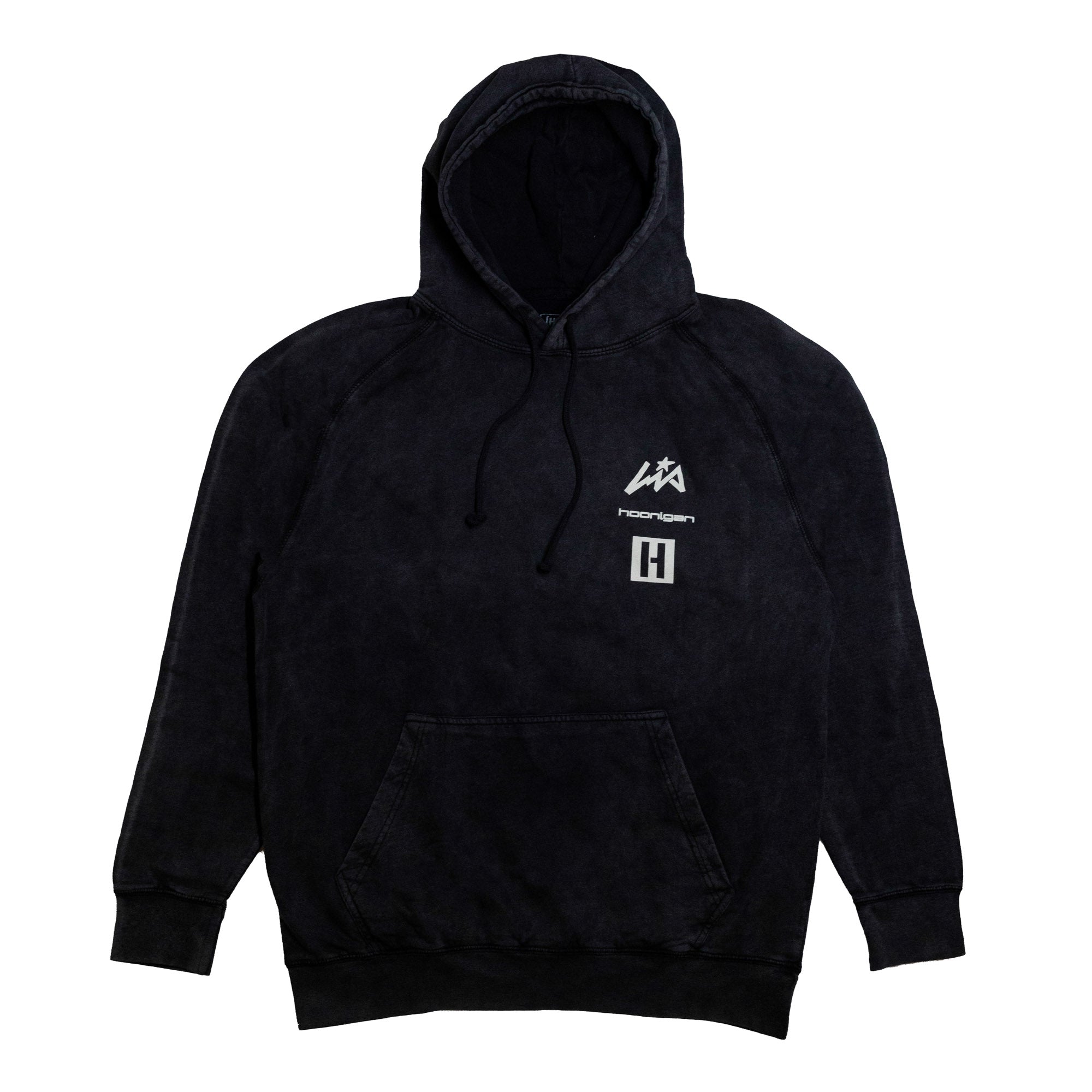 Hoonigan x Lia Block vintage pullover hoodie in black, featuring a front pocket and logo details.