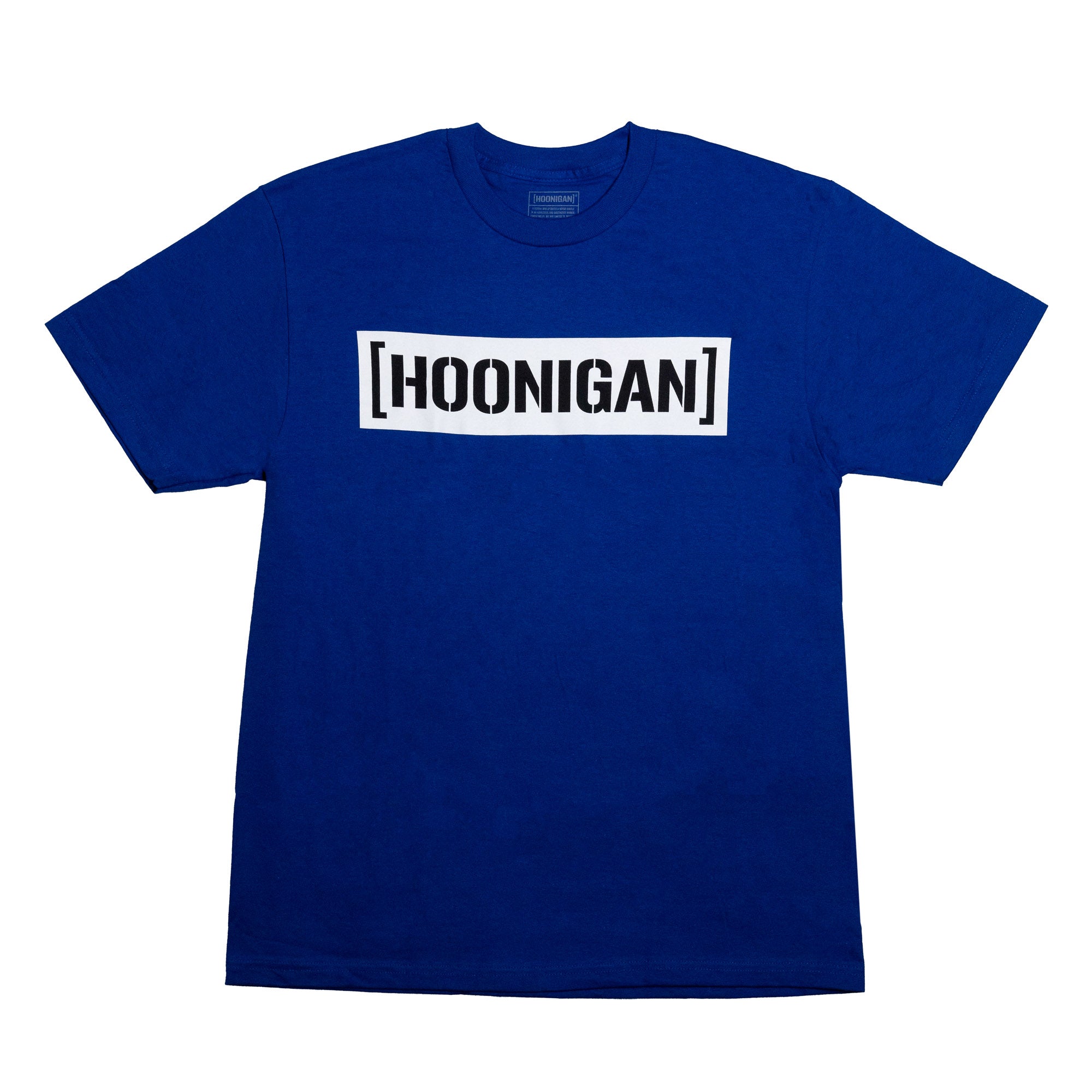 Blue short sleeve t-shirt featuring a bold white [HOONIGAN] logo across the chest, perfect for motorsport enthusiasts.