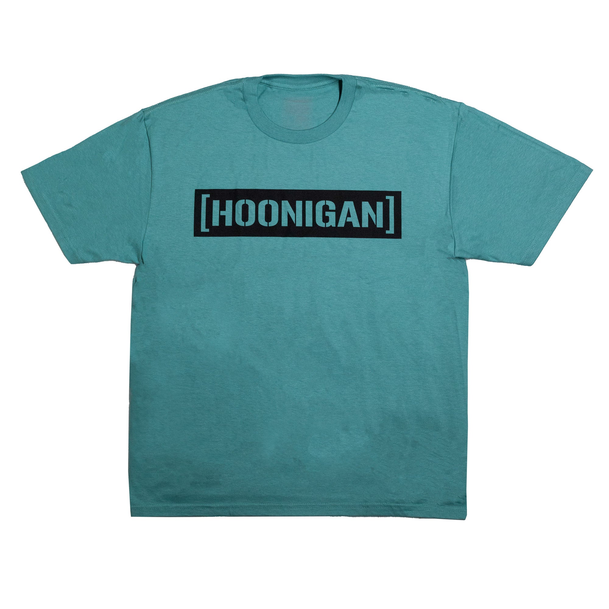Turquoise short sleeve t-shirt featuring a bold black "[HOONIGAN]" graphic across the chest, perfect for car enthusiasts.