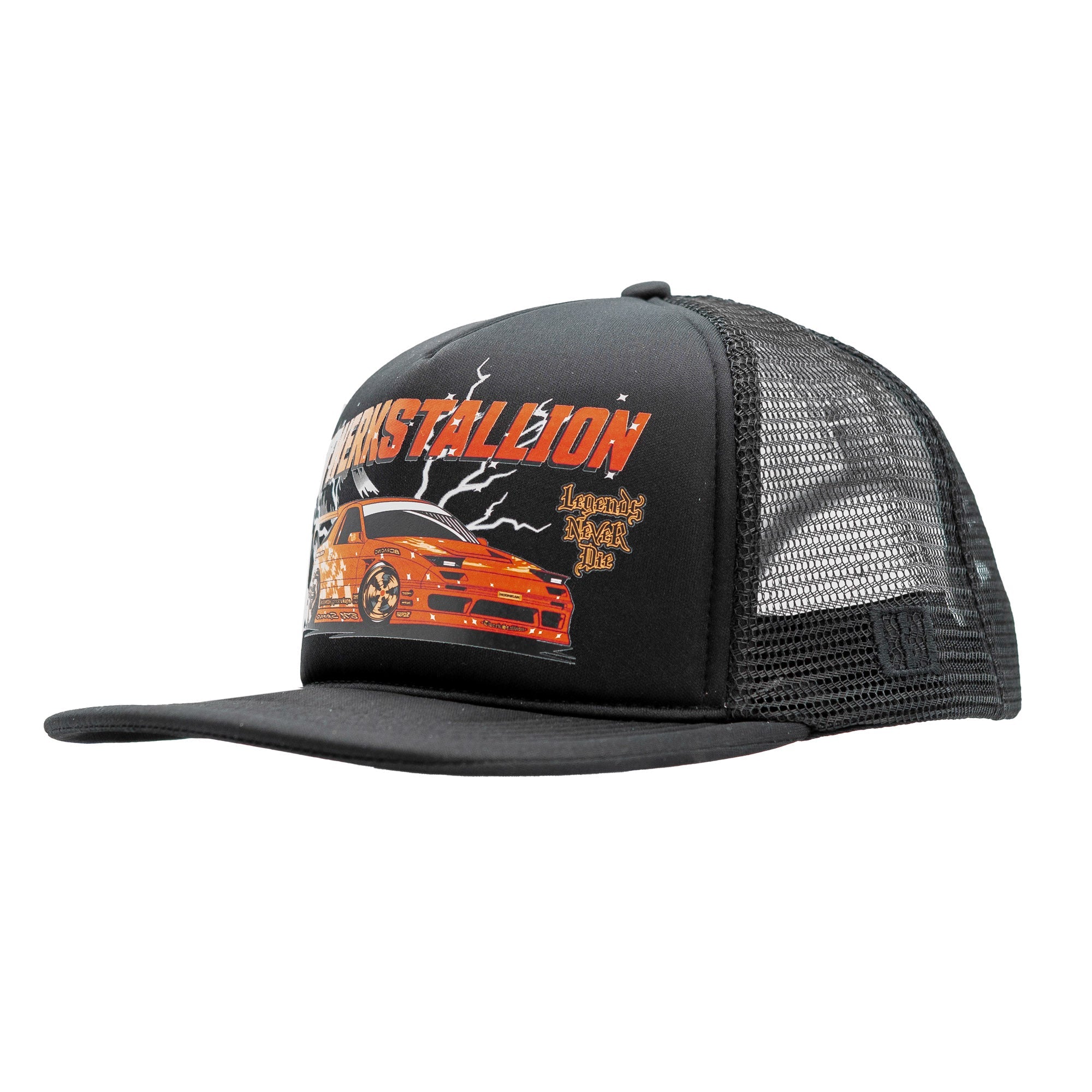 Hoonigan Legends Never Die Trucker Hat featuring a graphic of a classic car with bold text on a black and mesh design.