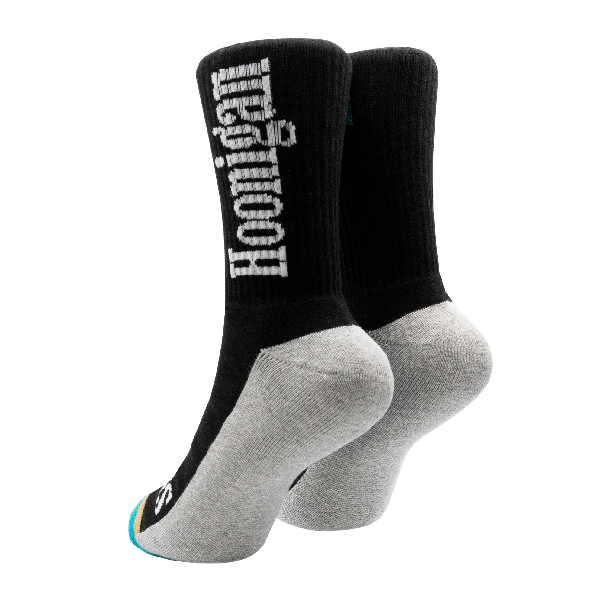 Black and gray Hoonigan BURNOUT TEAM socks featuring a bold logo, designed for motorsport enthusiasts and car culture fans.