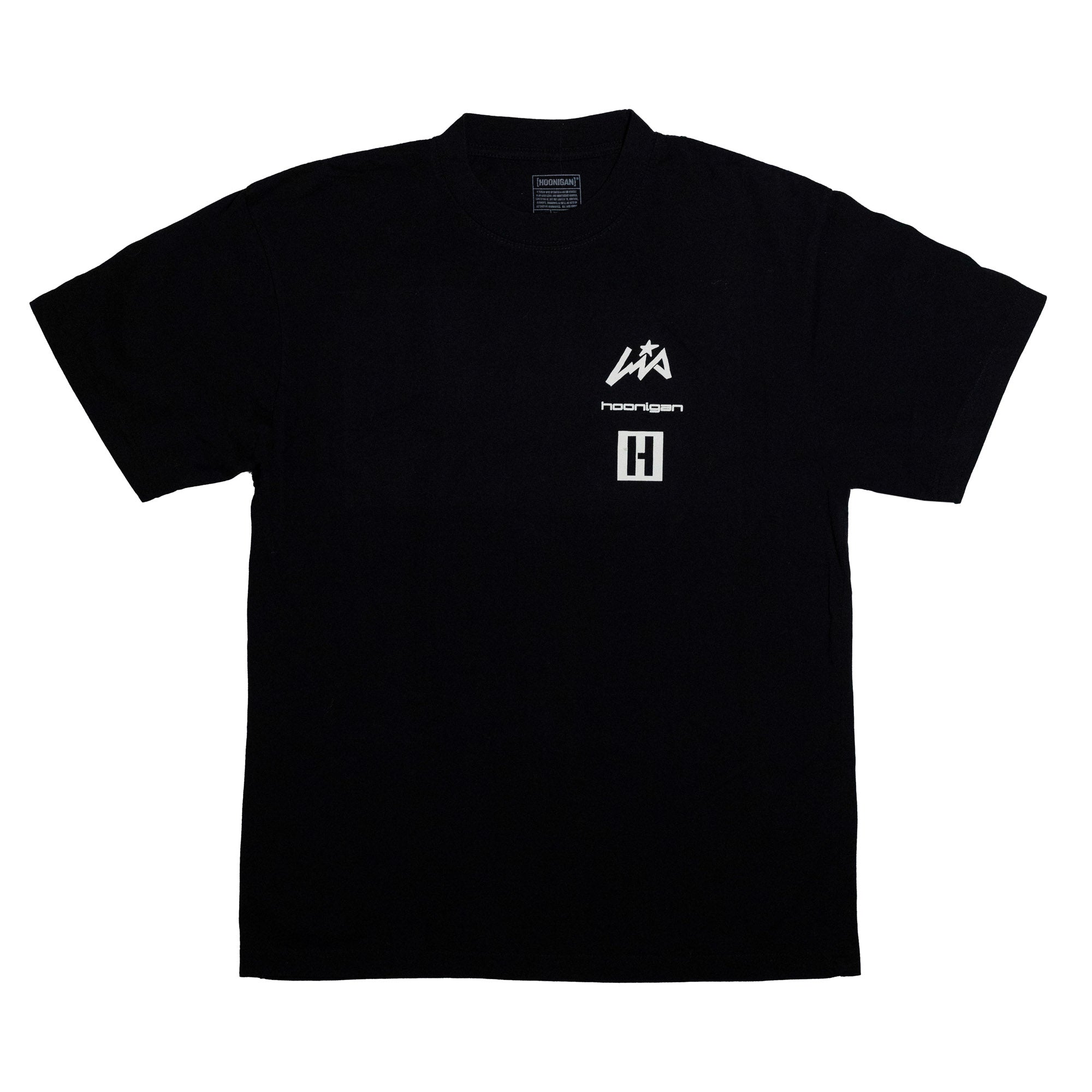 Black short sleeve t-shirt featuring Hoonigan logo and graphic, perfect for motorsport enthusiasts and casual wear.