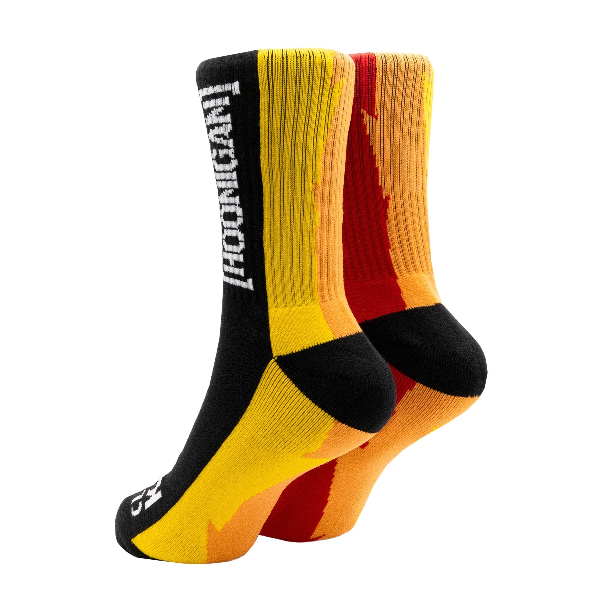 Hoonigan GYMKHANA AUSSIE SHRED LIVERY socks featuring a vibrant black, yellow, and red design for motorsport enthusiasts.