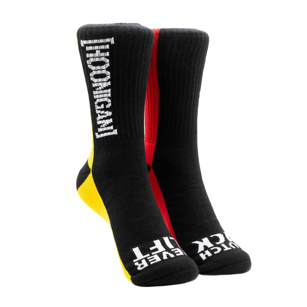 Hoonigan GYMKHANA AUSSIE SHRED LIVERY socks featuring bold colors and logo, perfect for motorsport enthusiasts.