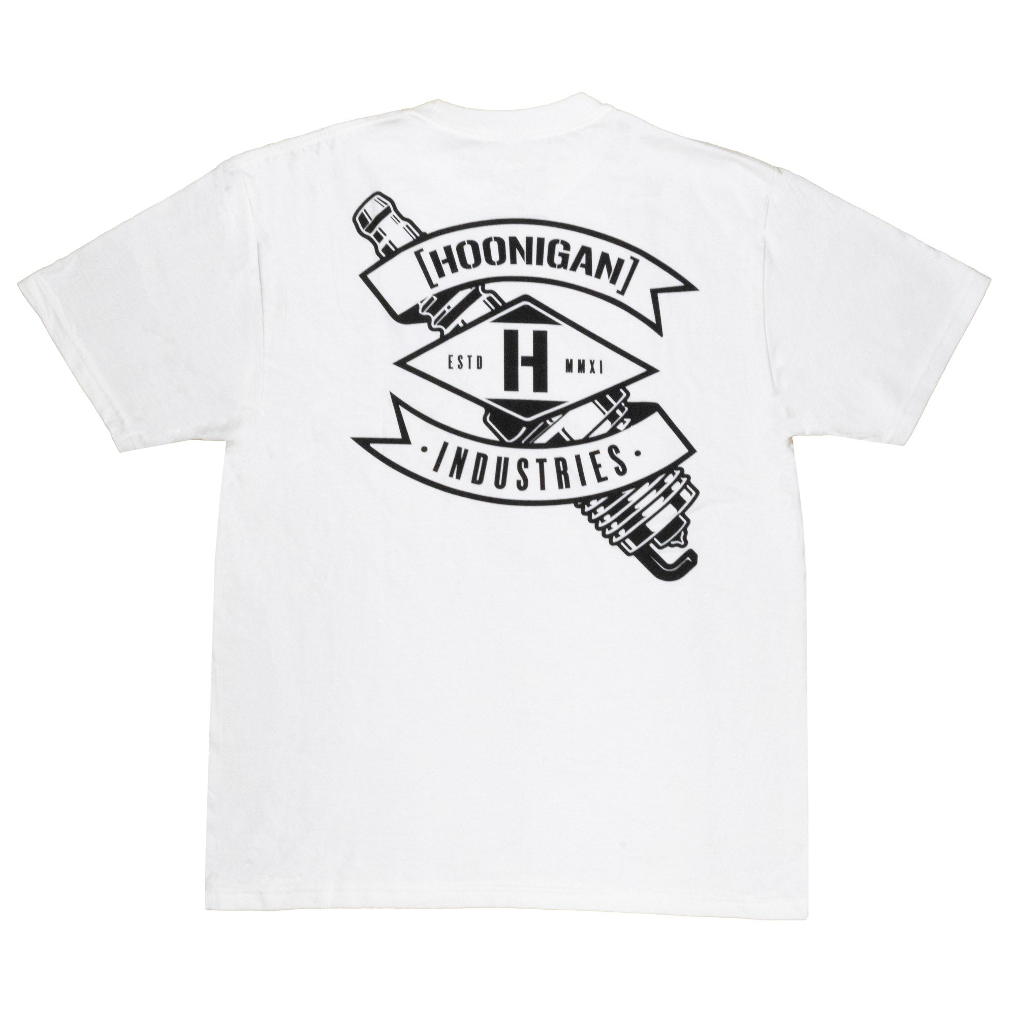 White short sleeve t-shirt featuring a bold Hoonigan logo and spark plug graphic on the back, perfect for car enthusiasts.