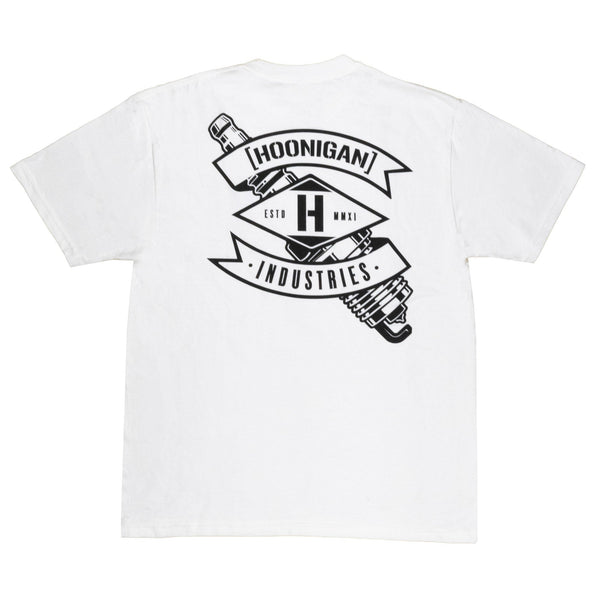 White short sleeve t-shirt featuring a bold Hoonigan logo and spark plug graphic on the back, perfect for car enthusiasts.
