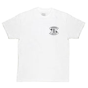 White short sleeve Hoonigan LOW COMPRESSION T-shirt featuring a black logo on the chest, perfect for motorsport enthusiasts.