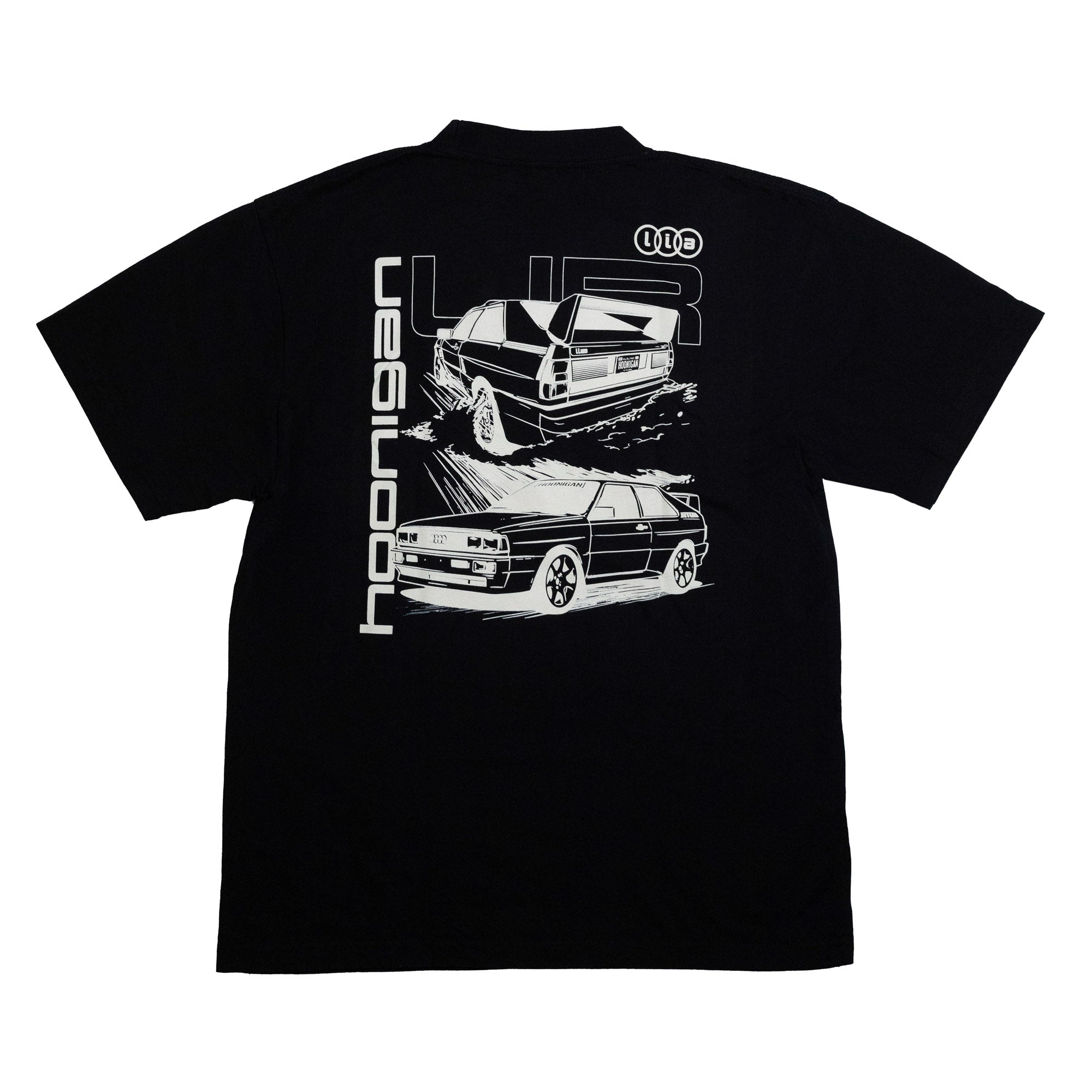 Black short sleeve t-shirt featuring Hoonigan x Lia Block graphic with vintage cars and bold lettering on the back.