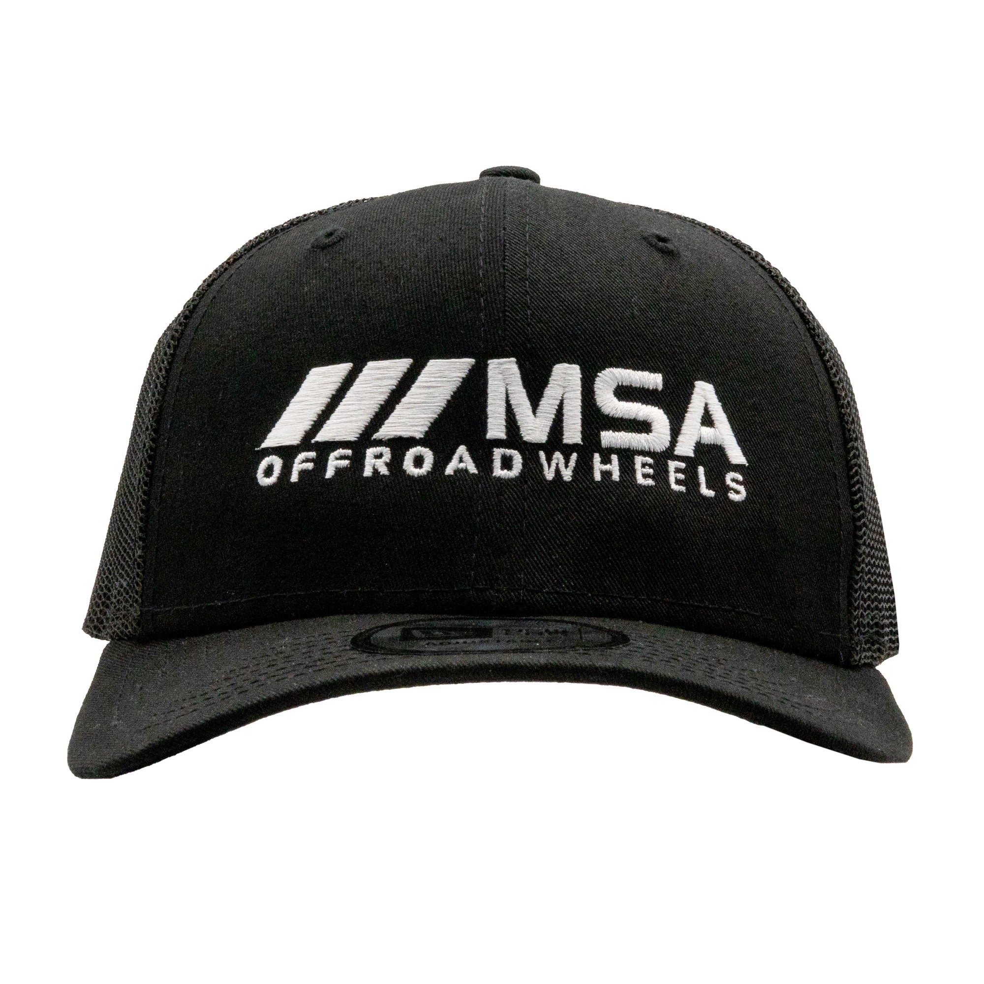 Black trucker hat featuring the MSA Wheels logo in white embroidery, perfect for off-road enthusiasts and motorsport fans.