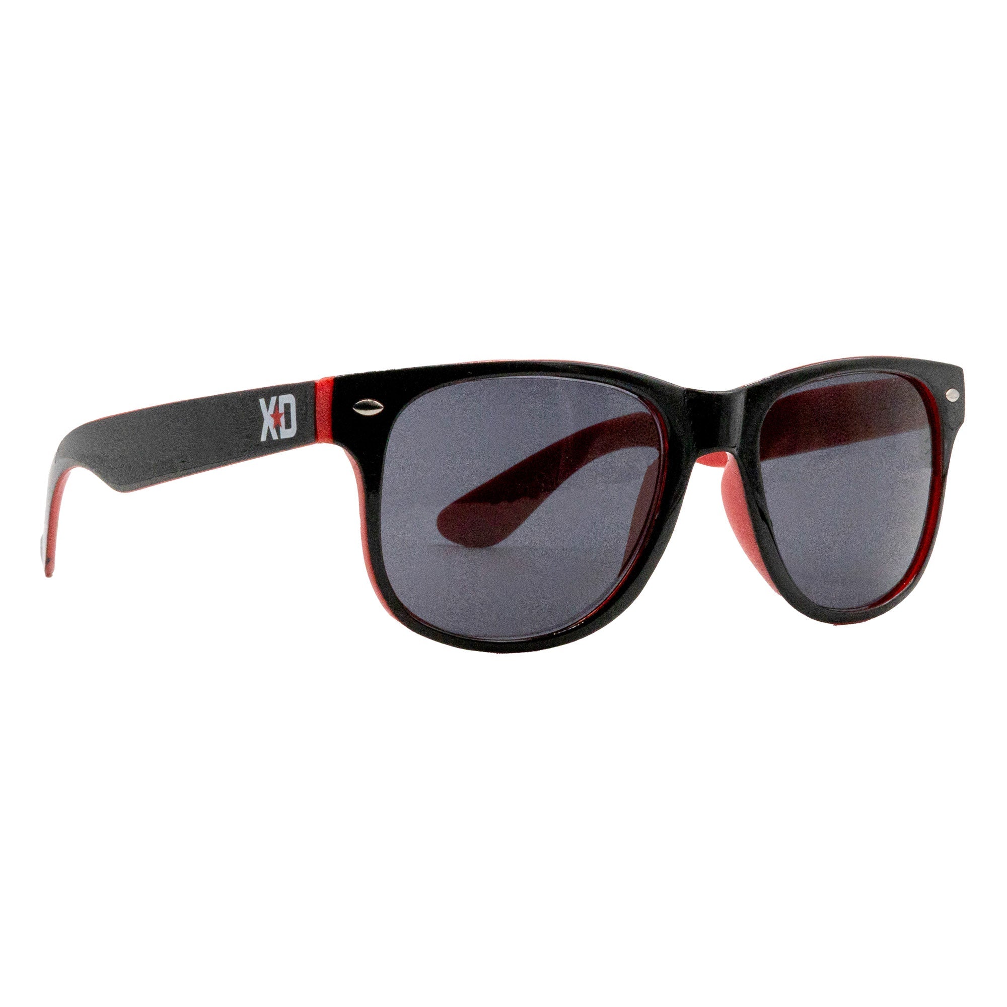 XD LOGO sunglasses featuring a sleek black frame with red accents and dark lenses, perfect for automotive enthusiasts.