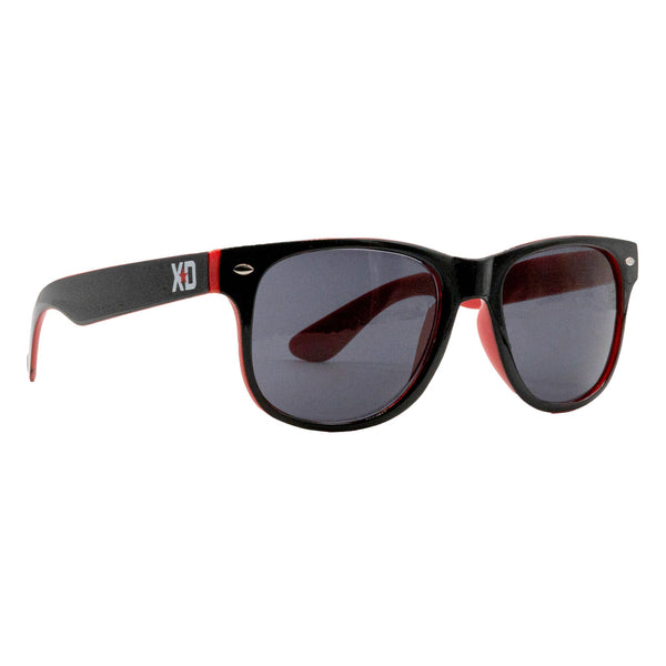 XD LOGO sunglasses featuring a sleek black frame with red accents and dark lenses, perfect for automotive enthusiasts.