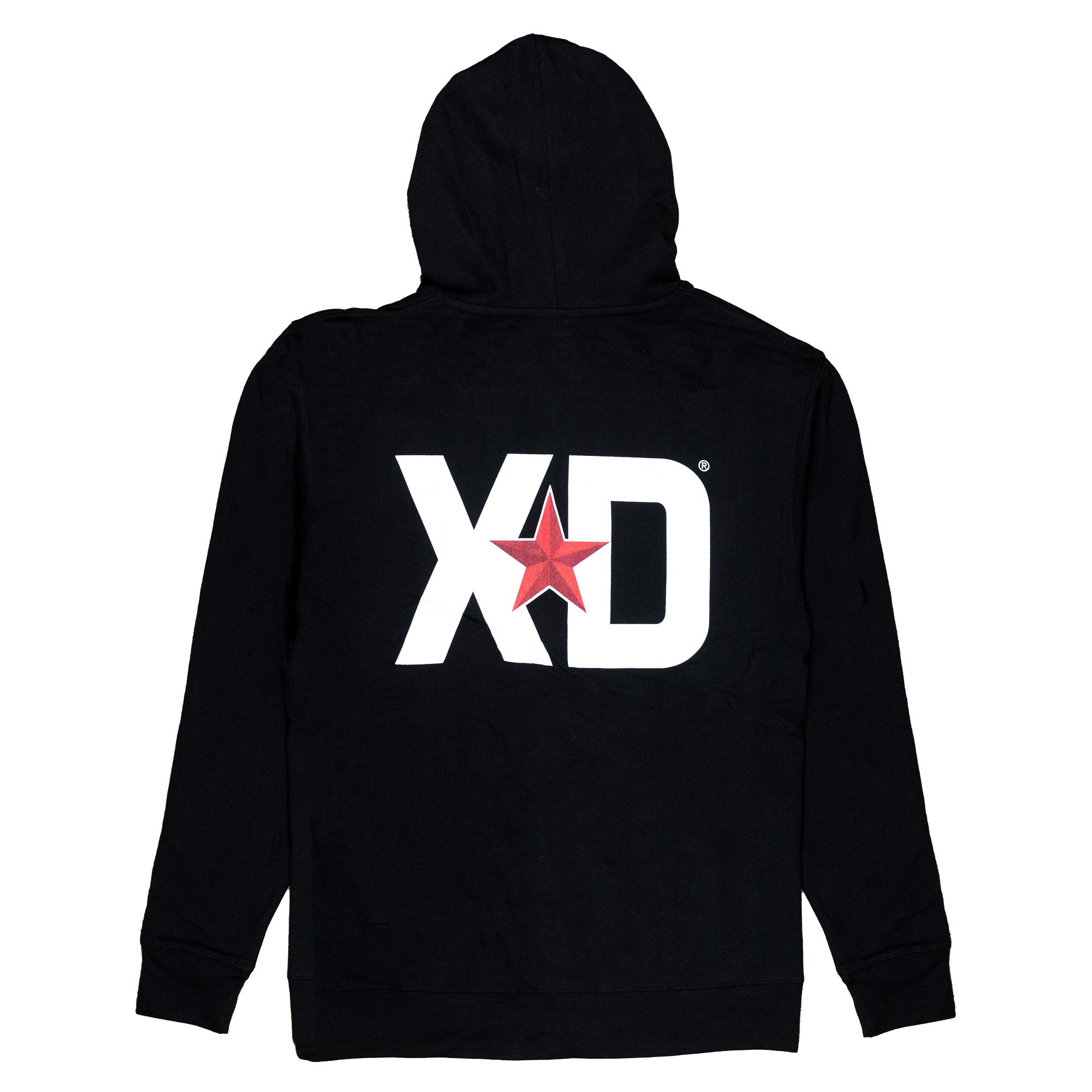 Black pullover hoodie featuring a large white XD logo and red star on the back, perfect for automotive enthusiasts.